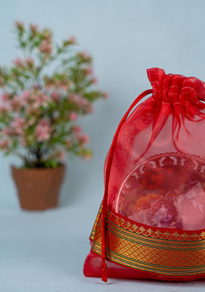 Navratri Combo - Tissue String Bag with German Silver Bowl - Baby Krishna Design & Krishna Haldi Kumkum Set - WGC0091