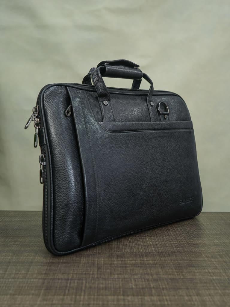 Laptop Bag in Leather with Expandable Sleek -Black - BCG0011