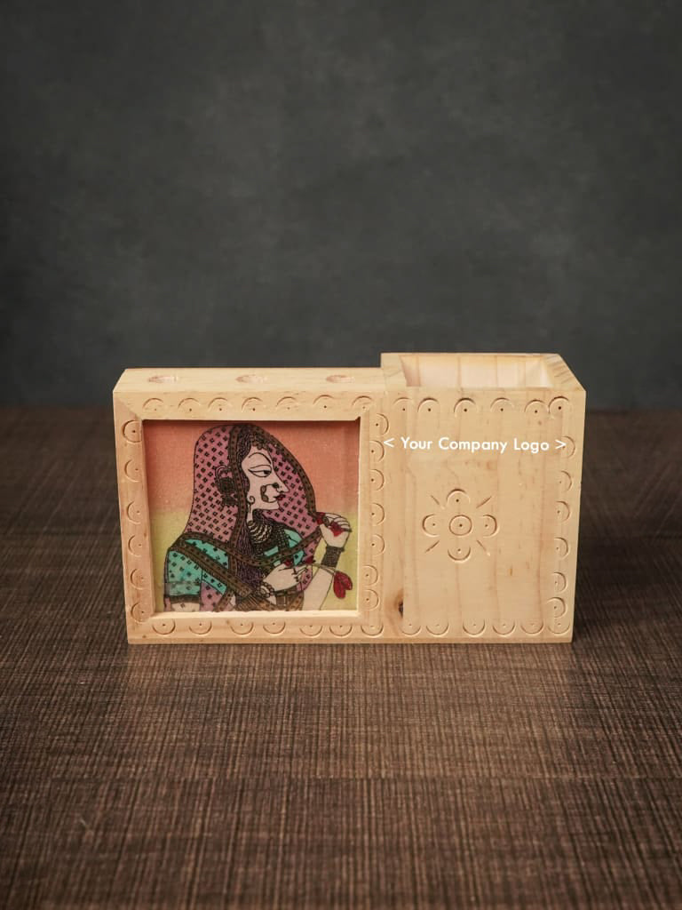 Wooden Hand Painted Pen Stand with Card Holder - BCG0113