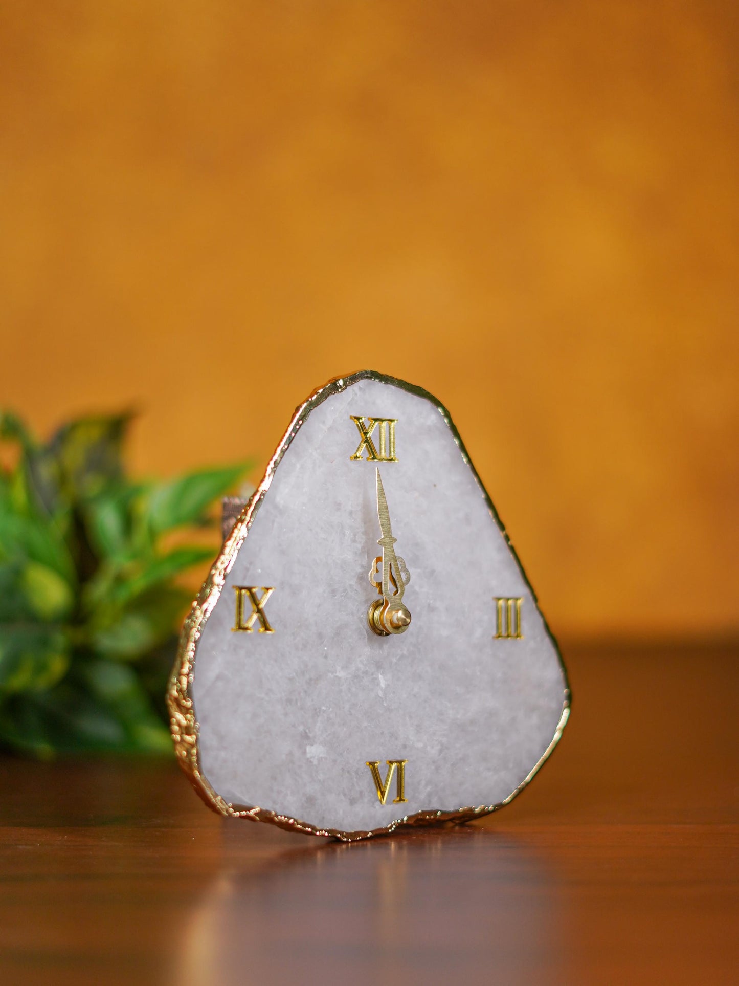 Gemstone Electroplated Gold Edge Table Clock - White - BCG0169