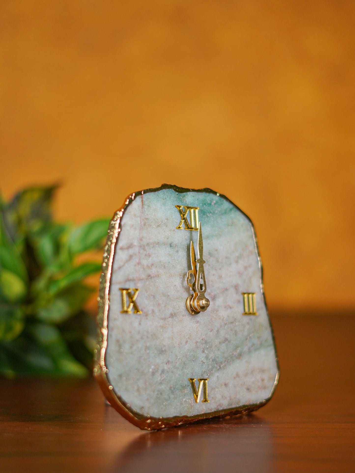 Gemstone Electroplated Gold Edge Table Clock - Green - BCG0170