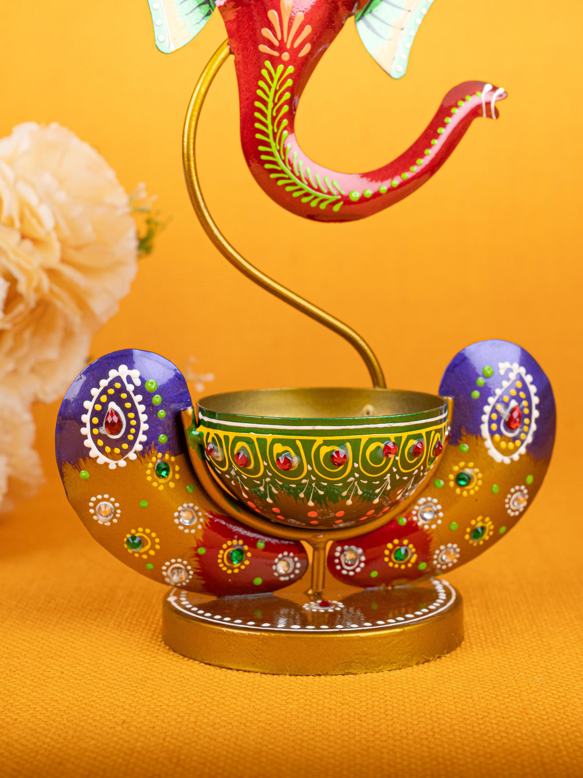 Metal Handpainted Ganesha T Light Holder - W3351-2