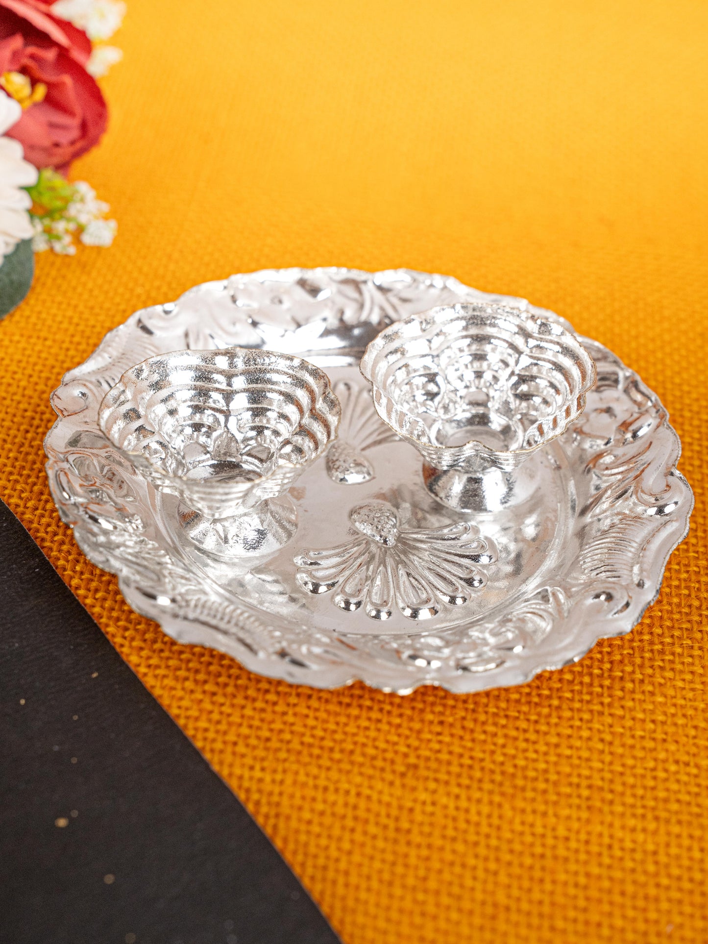 German Silver 2 Cup Kumkum - 4 inch - Round - WBG1816