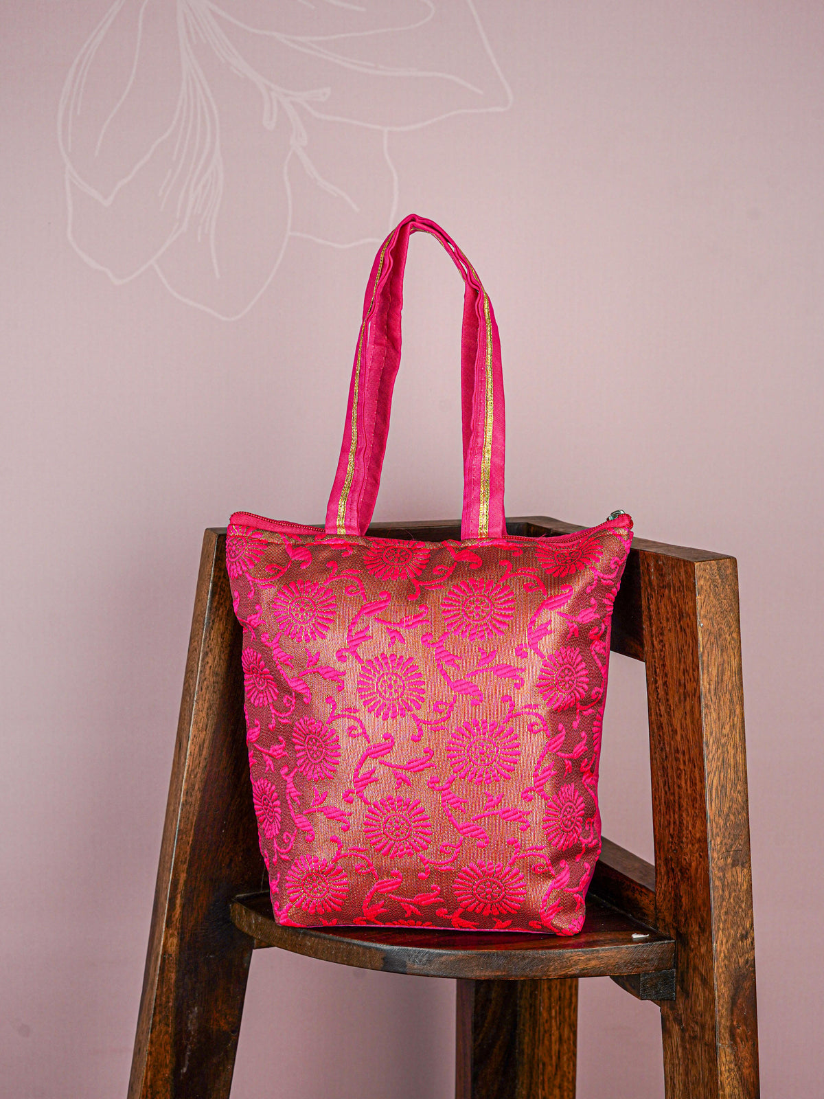 Raw Silk Hand Bag with Golden Design - 10x9 inch - WBG1934