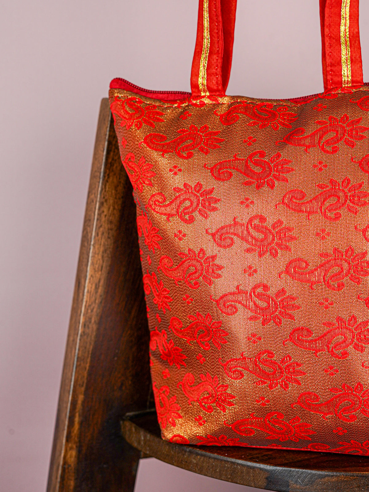 Raw Silk Hand Bag with Golden Design - 10x9 inch - WBG1934