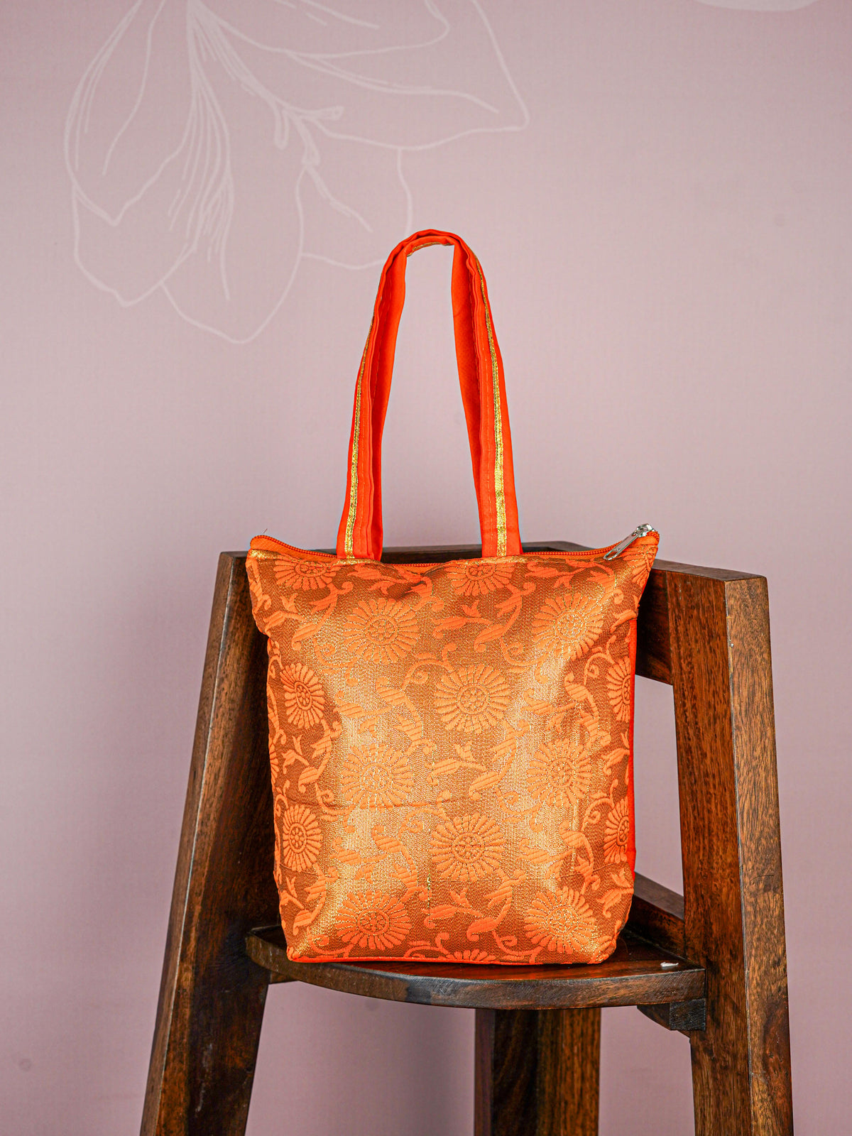 Raw Silk Hand Bag with Golden Design - 10x9 inch - WBG1934