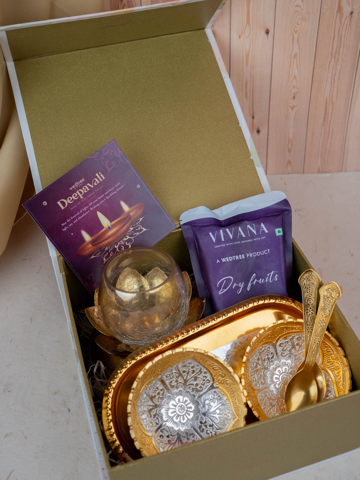 Deepavali: Gift Box with Silver & Gold Plated Bowl and Plate, Candle Holder with Raisins - WDC0010