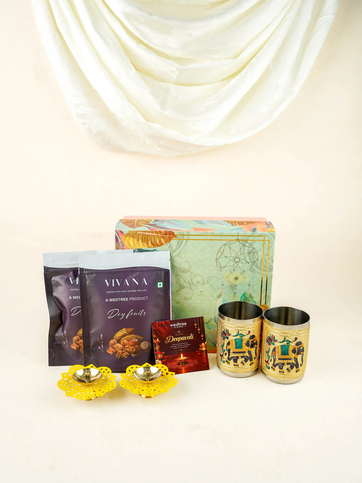 Deepavali: Box with Handpainted Brass Diya, Meenakari Design Glass with Dry Fruit - WDC0023