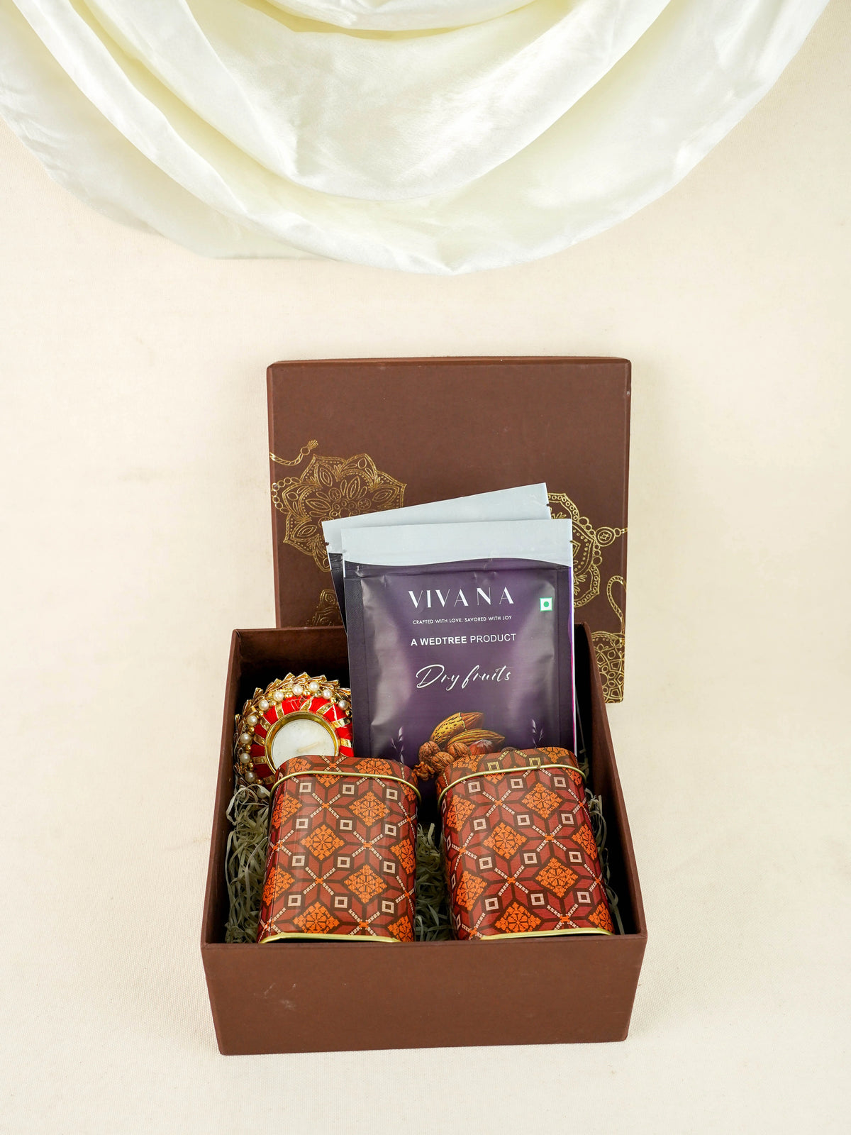 Deepavali: Box with Printed Tin, T Light Holder, Dry Fruits & Cookies - WDC0024