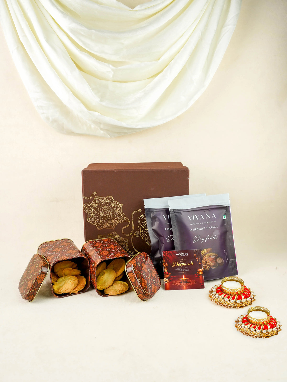 Deepavali: Box with Printed Tin, T Light Holder, Dry Fruits & Cookies - WDC0024
