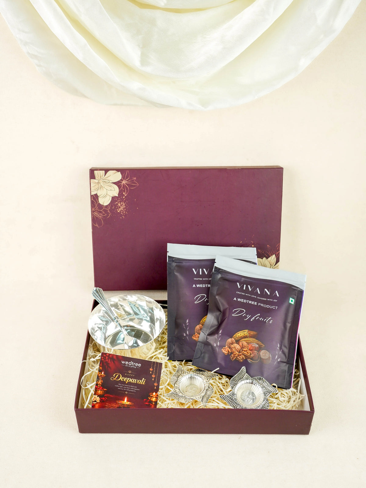 Deepavali: Box with Swastik Diya, Twister Diya & Dry Fruits - WDC0025