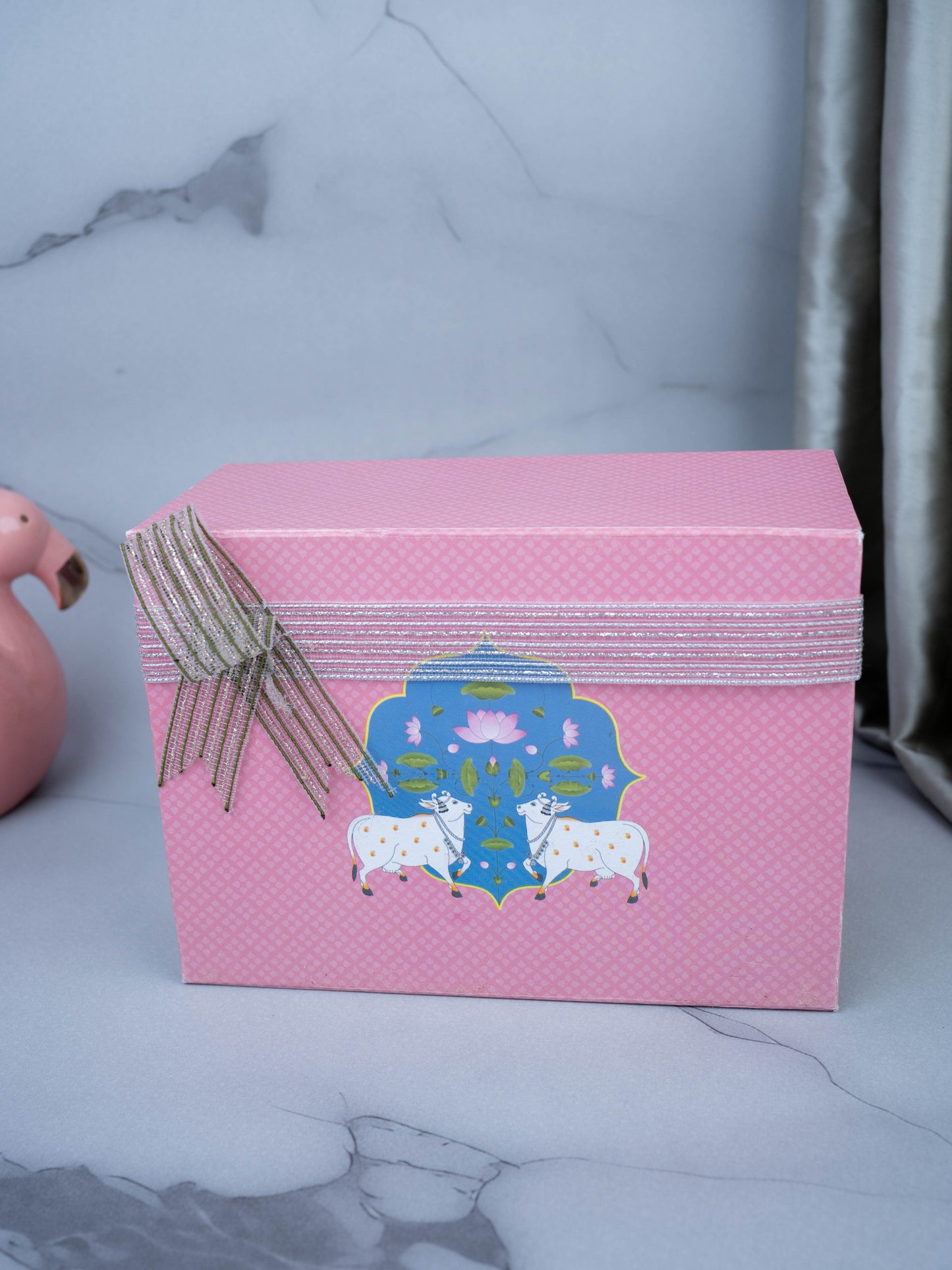 Deepavali: Hamper Box with Set of 2 Tin Jar, German Silver Ganesha on Lotus & Lotus Diya - WDC0006