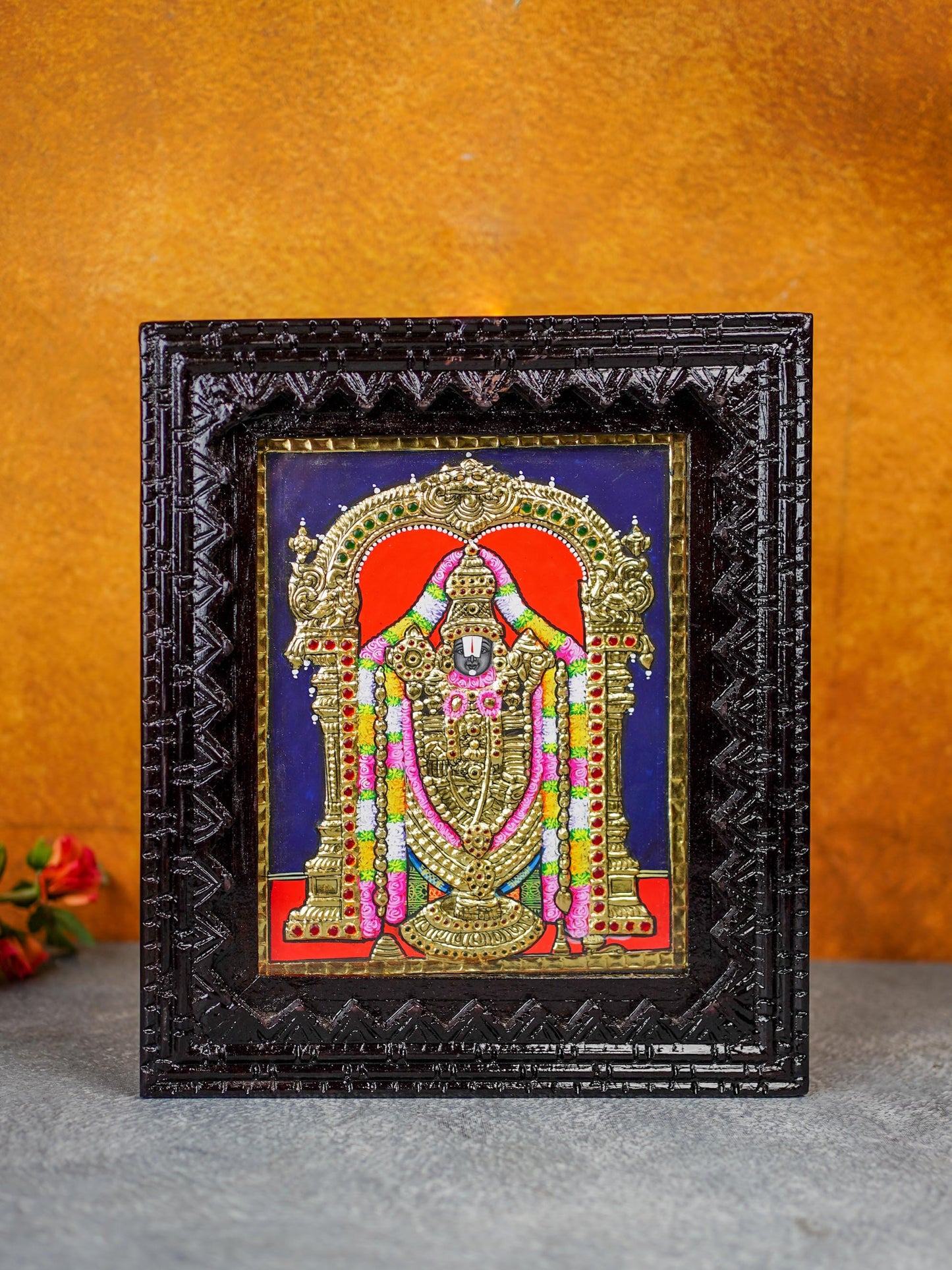 Tanjore Painting (Chettinad Frame) - Tirupathi Balaji - Flat (Gold Foil) - 10x8 inch - WL3969