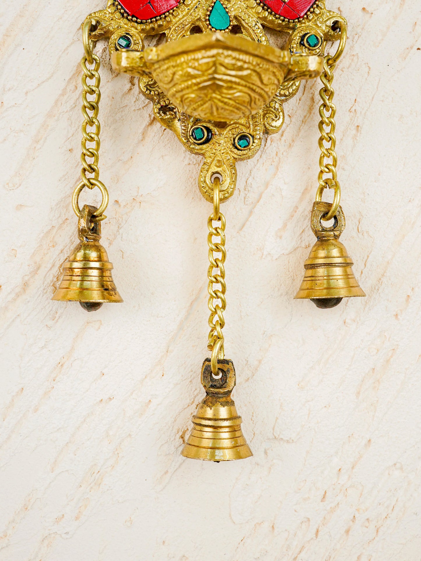Brass Wall Hanging Diya with Stone Work - Red - WL4494-2