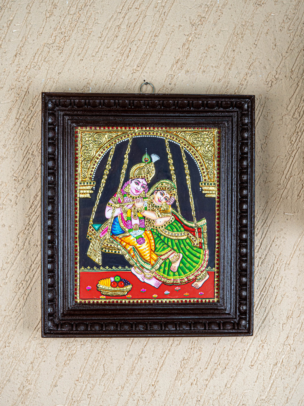 Tanjore Painting - Radha-Krishna on Jhoola - Flat (Gold Foil) - 12x10 inch - WL4763