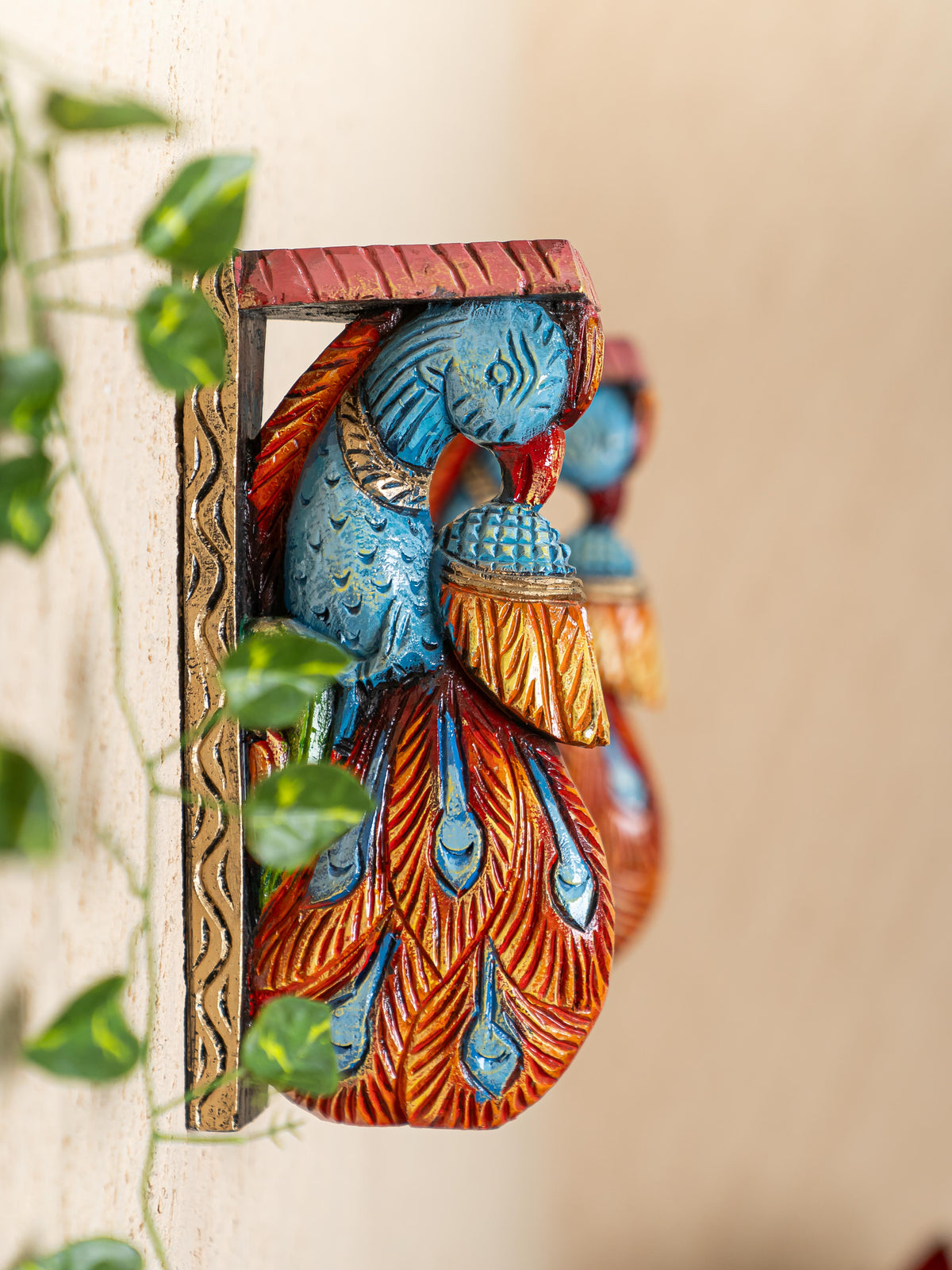 Wooden Carved Peacock Bracket - 12 inch - Set of 2 - WL4836-2