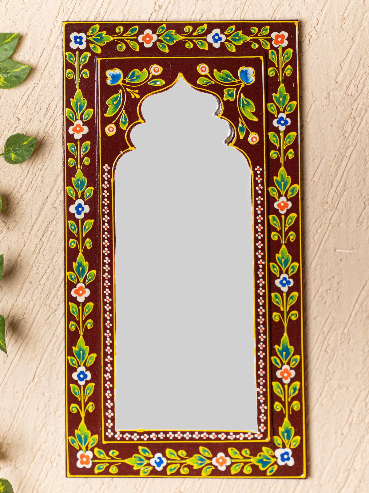 Wooden Handpainted Wall Decor with Mirror - Brown - 18x9 inch - WL5196