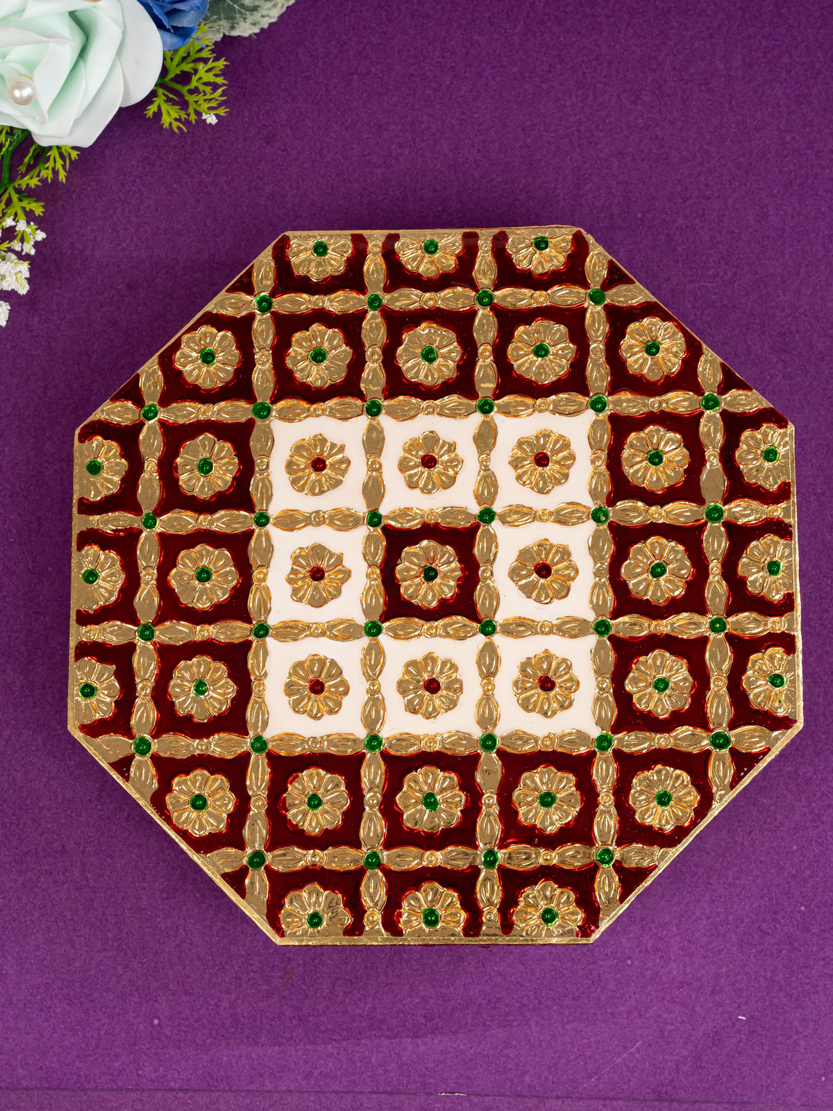 Hexagon Shaped Meenakari Manai - Red & White - 8x8 inch - WBG1805-2