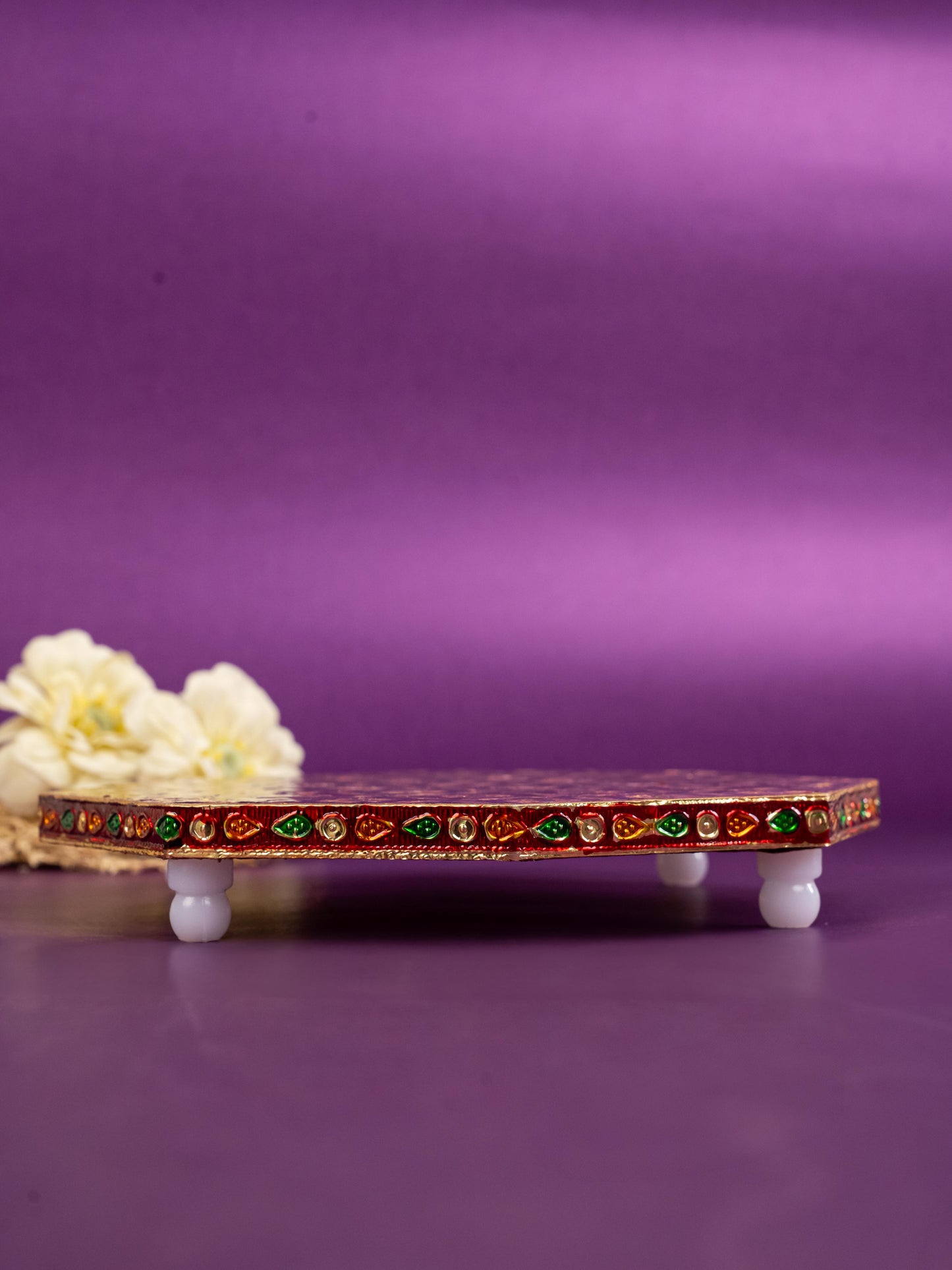 Hexagon Shaped Meenakari Manai - Red & Blue - 8x8 inch - WBG1805-3