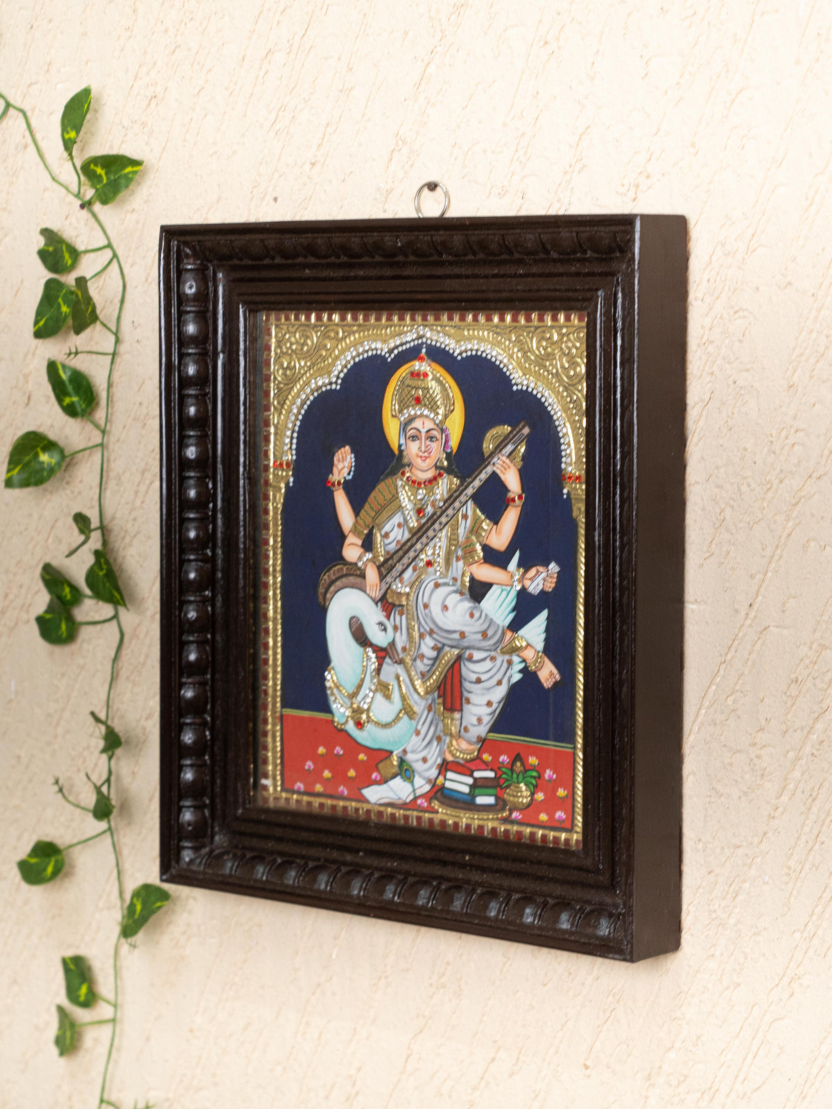 Tanjore Painting - Swan Saraswathi - Semi Embossed - 12x10 inch - WL5203