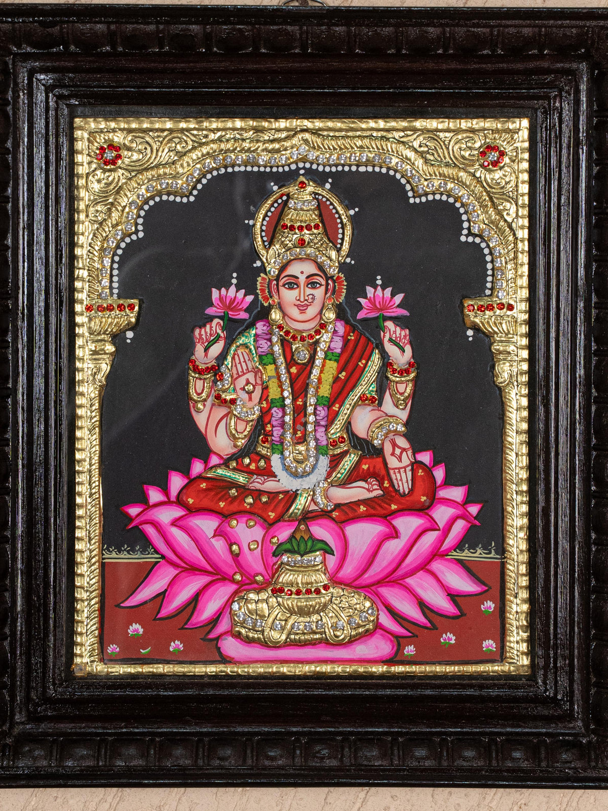 Tanjore Painting - Lakshmi on Lotus - Semi Embossed - 12x10 inch - WL5238