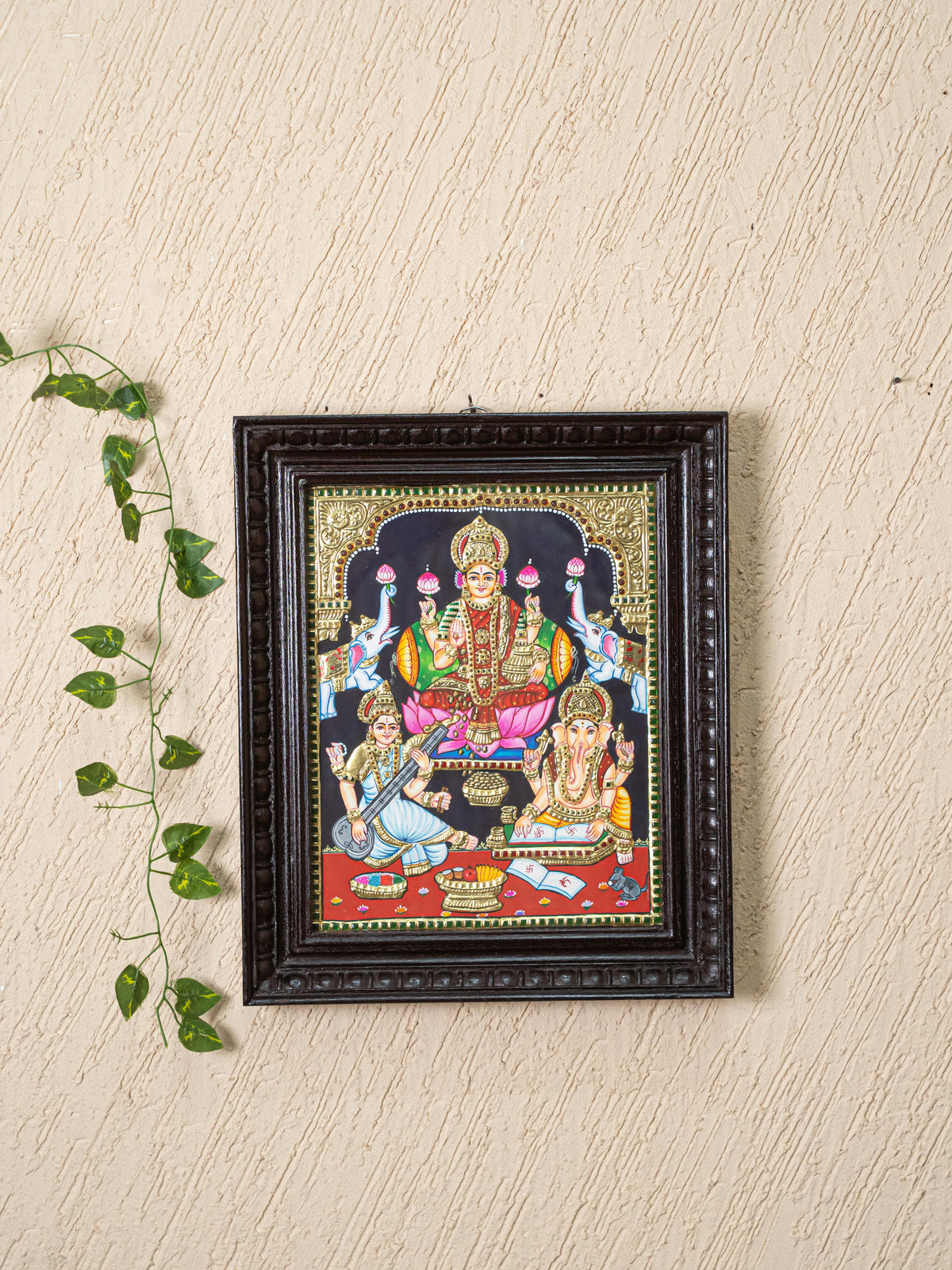 Tanjore Painting - Lakshmi-Ganesha-Saraswathi - Flat (Gold Foil) - 15x12 inch - WL5244