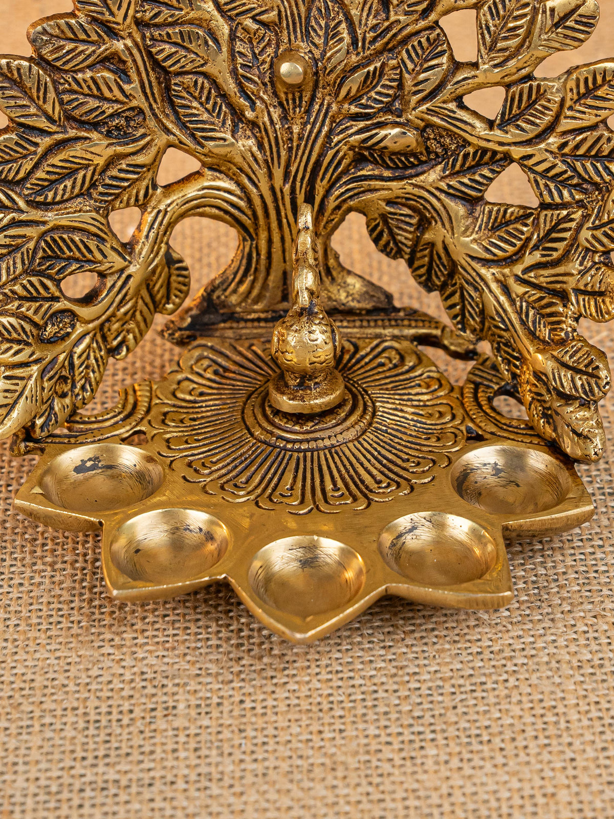 Brass Tree Peacock Five Face Diya - 4 inch - WL5288