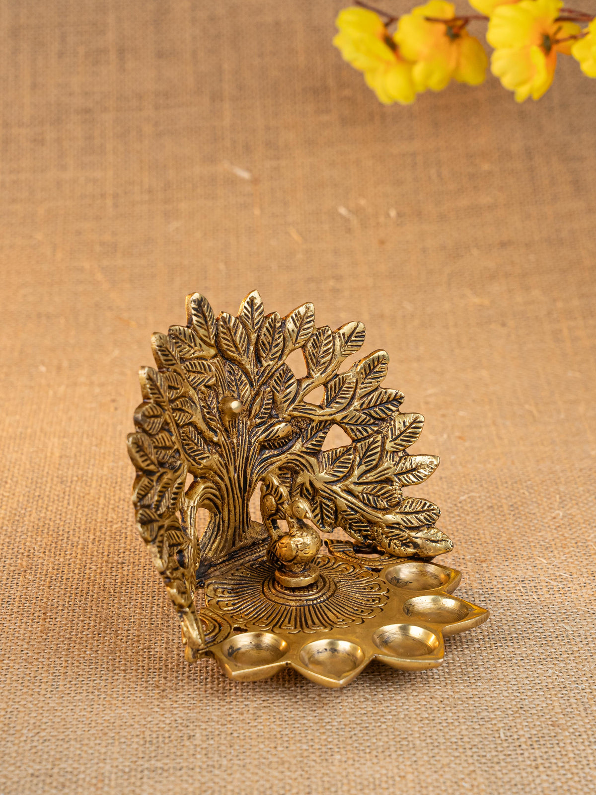 Brass Tree Peacock Five Face Diya - 4 inch - WL5288