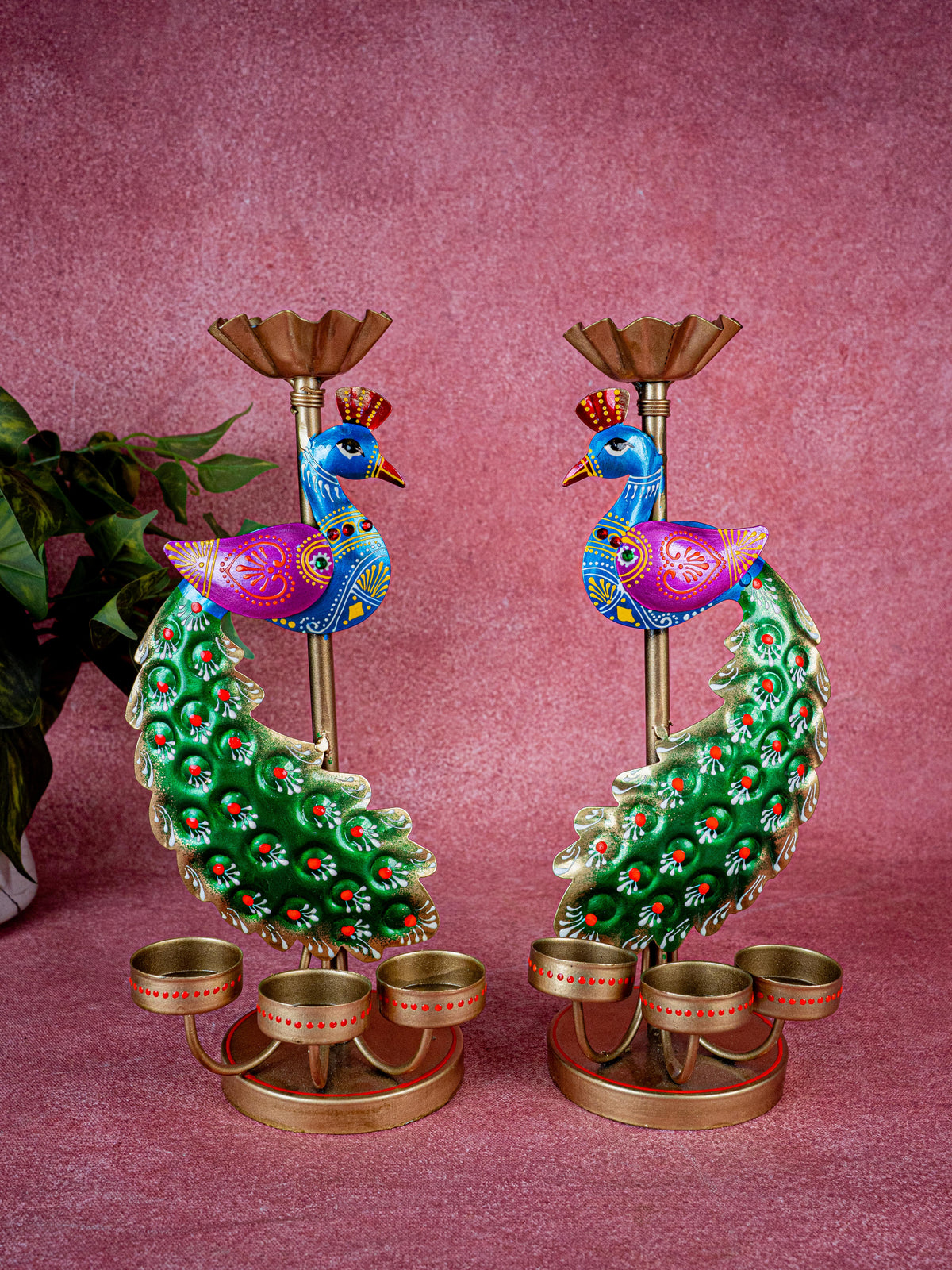 Metal Handpainted Peacock T Light Holder - Set of 2 - WL5326