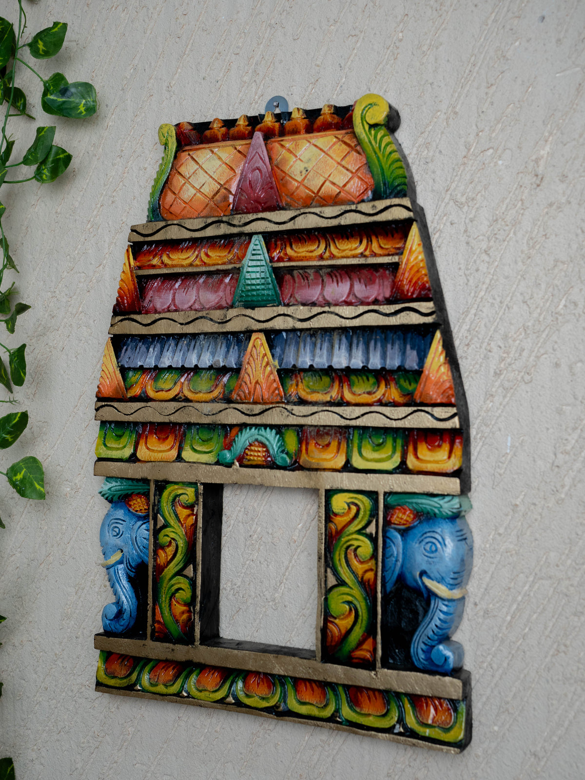Wooden Carved - Kovil Gopuram with Elephant Wall Hanging - 18 inch - WL5426