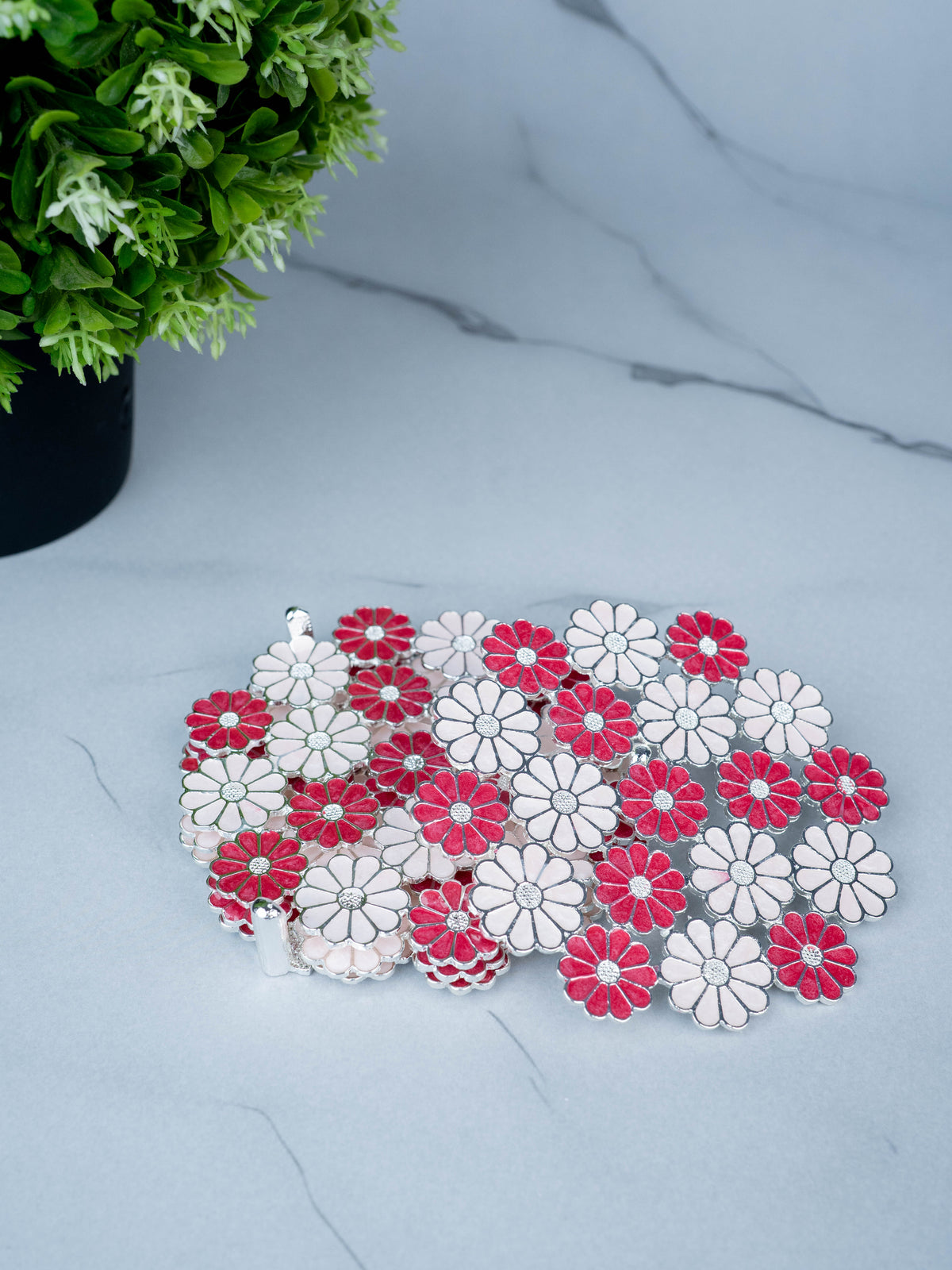 White Metal Decorative Floral Coaster Set - Pink - WL5437-1