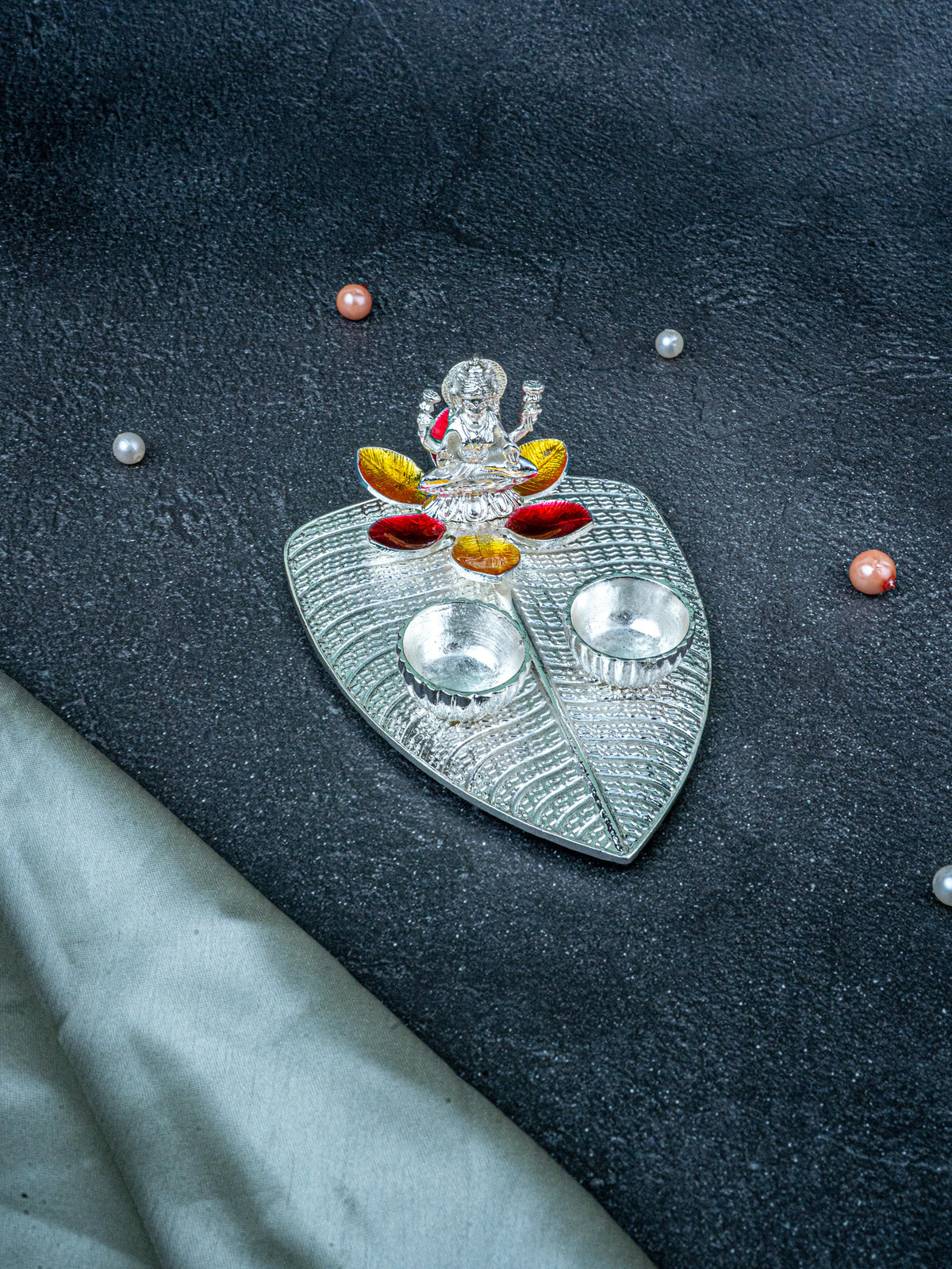 White Metal Lakshmi Manjal-Kumkum Holder - Red - WL5438-2