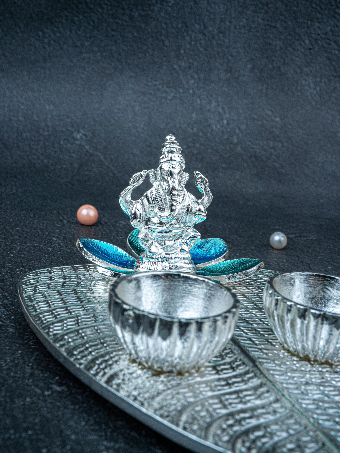 White Metal Ganesha Manjal-Kumkum Holder - Blue - WL5439-1