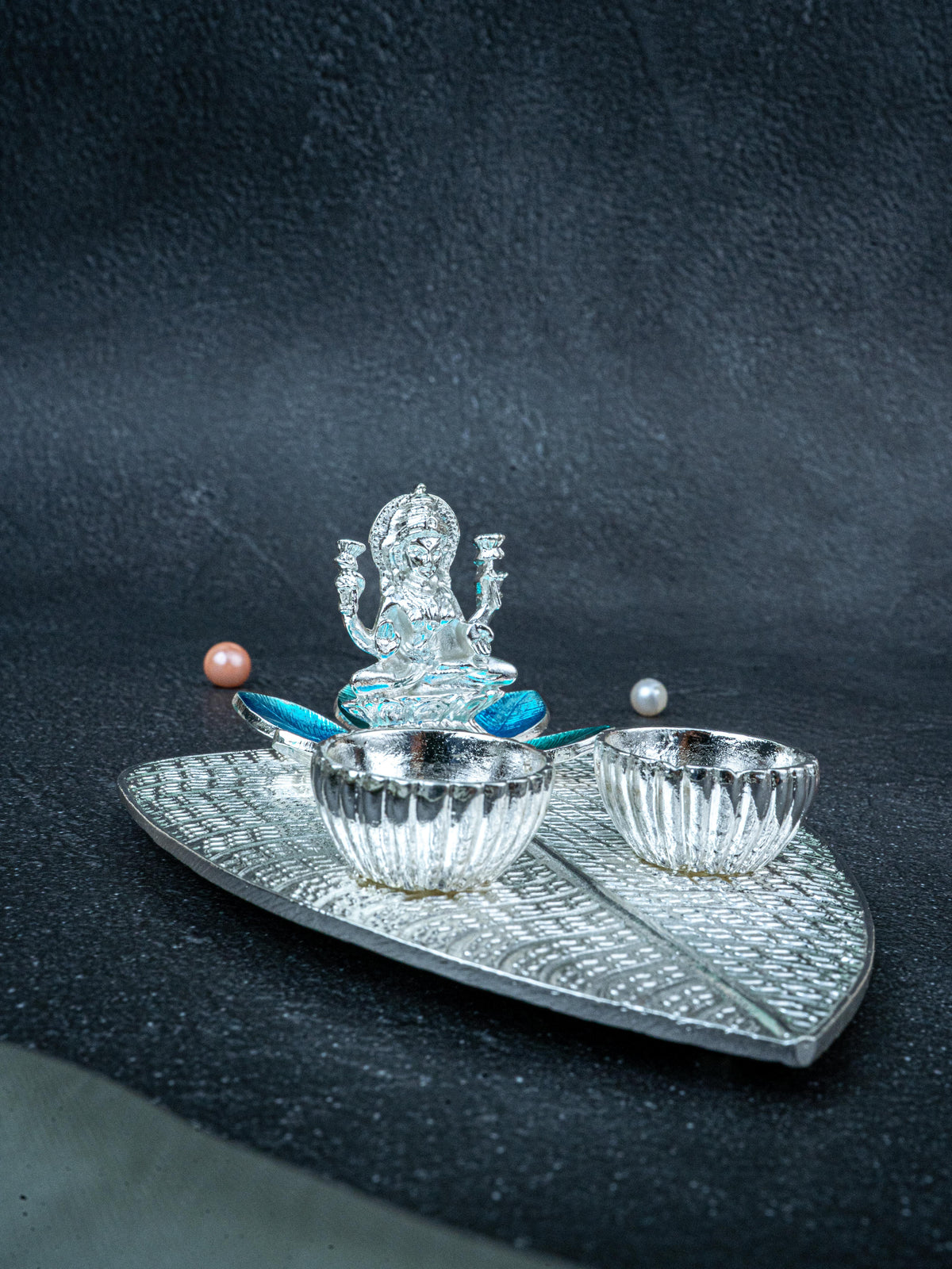 White Metal Lakshmi Manjal-Kumkum Holder - Blue - WL5439-2