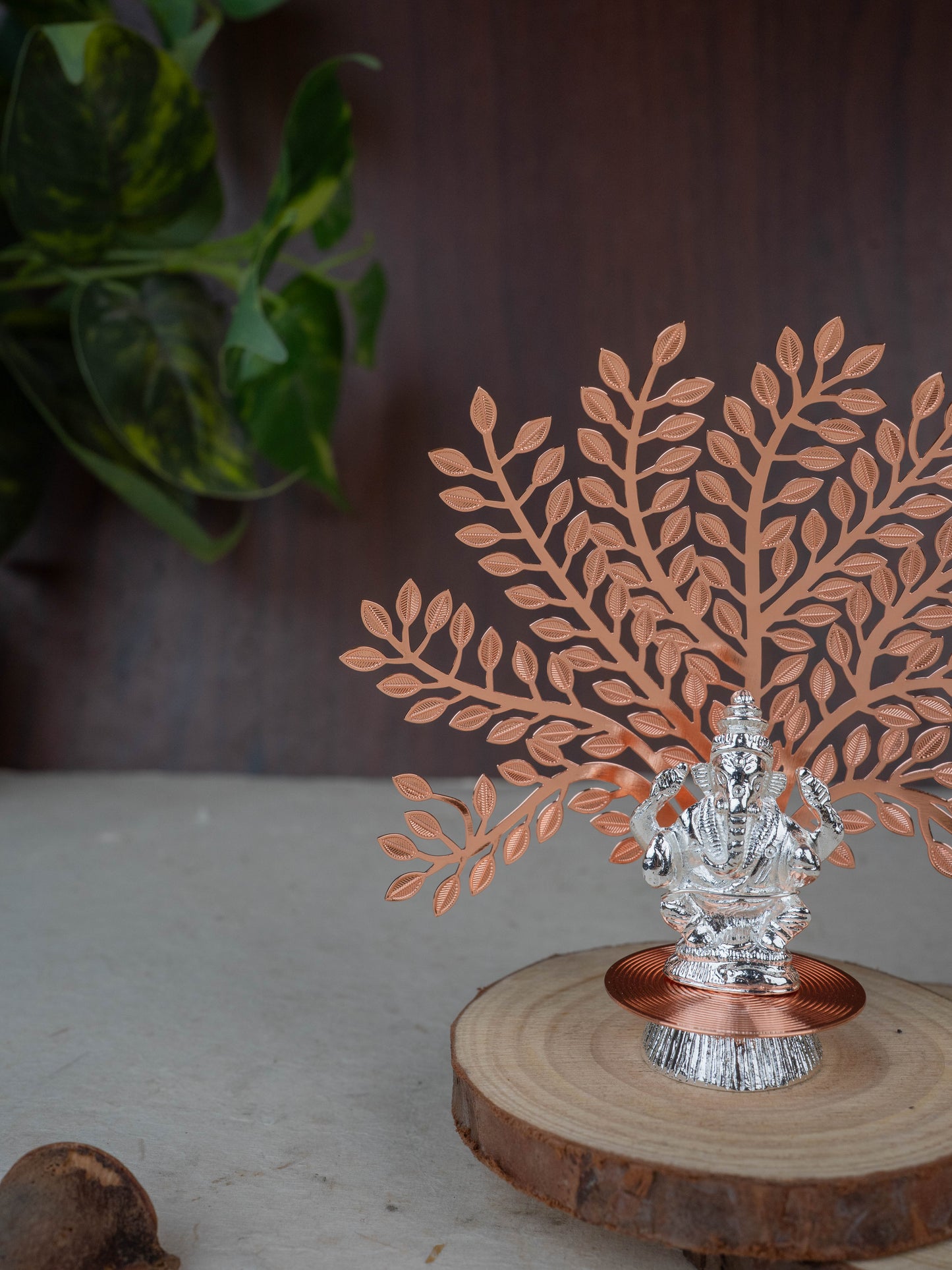 White Metal Ganesha Idol with Tree of Prosperity - Copper - WL5440-1