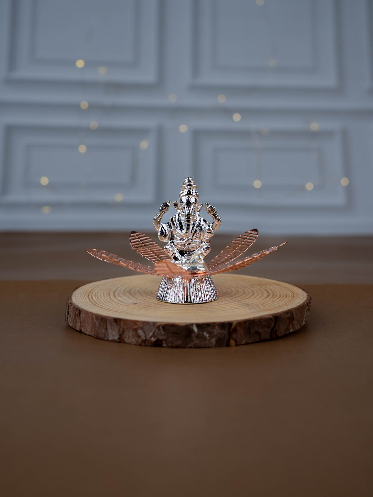White Metal Lord Ganesha on Contemporary Floral Base - WL5443-1