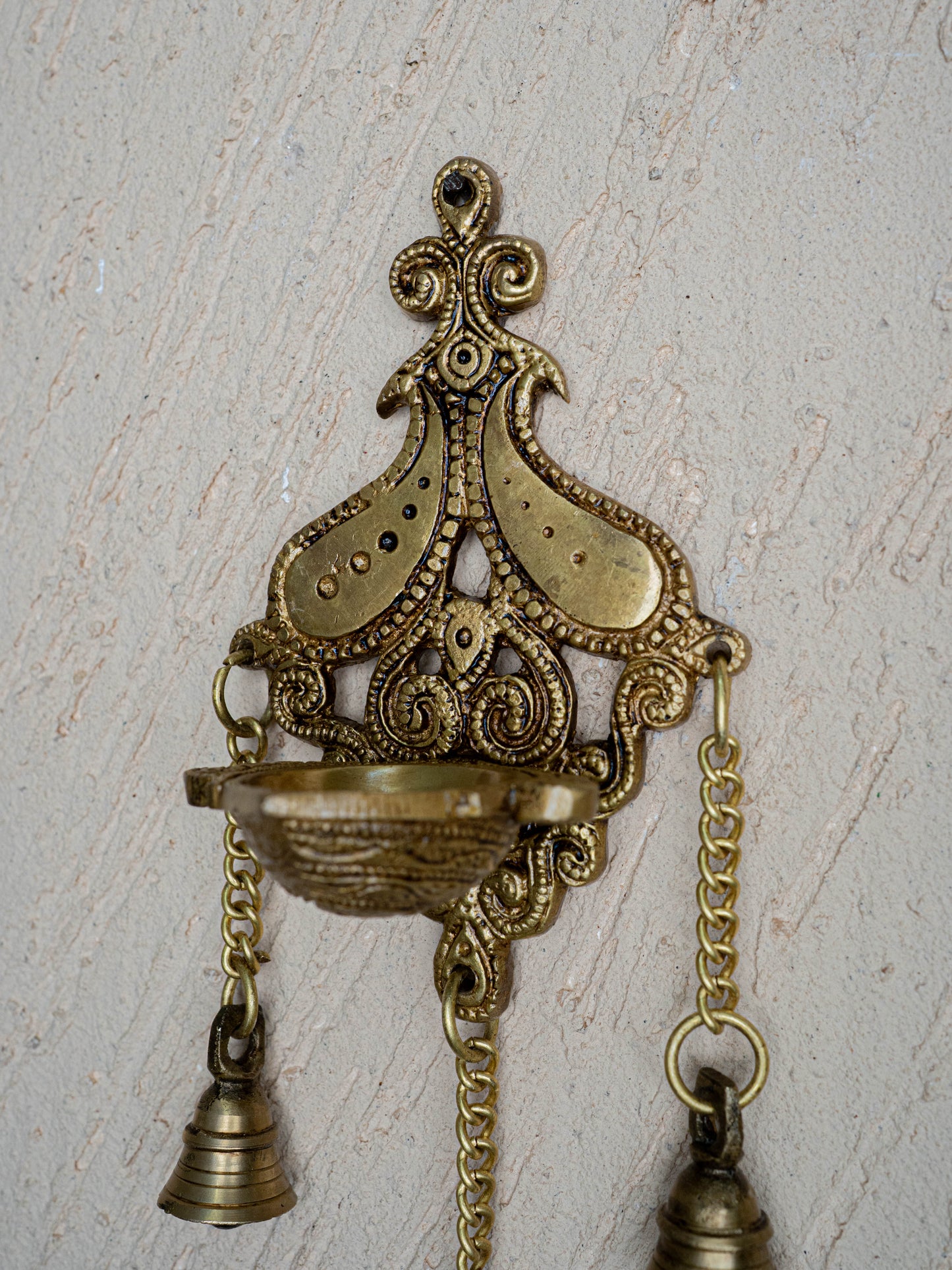 Brass Hanging Diya with 3 Bell - 4 inch - WL5450