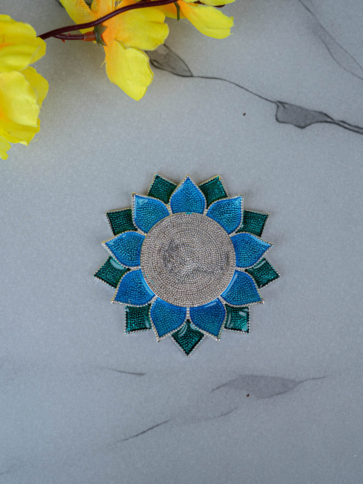 White Metal Floral Coaster for Diya - Blue - WL5498-2