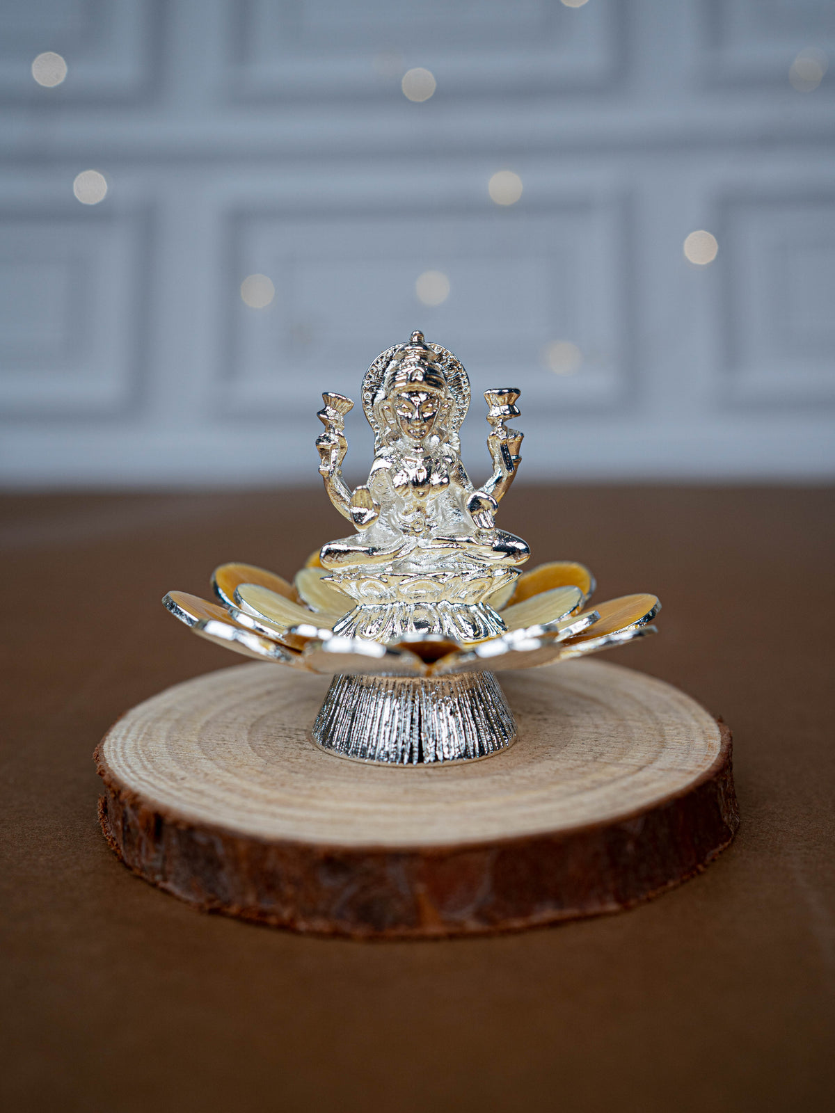 White Metal Lord Lakshmi on Floral Base - Beige - WL5499-2