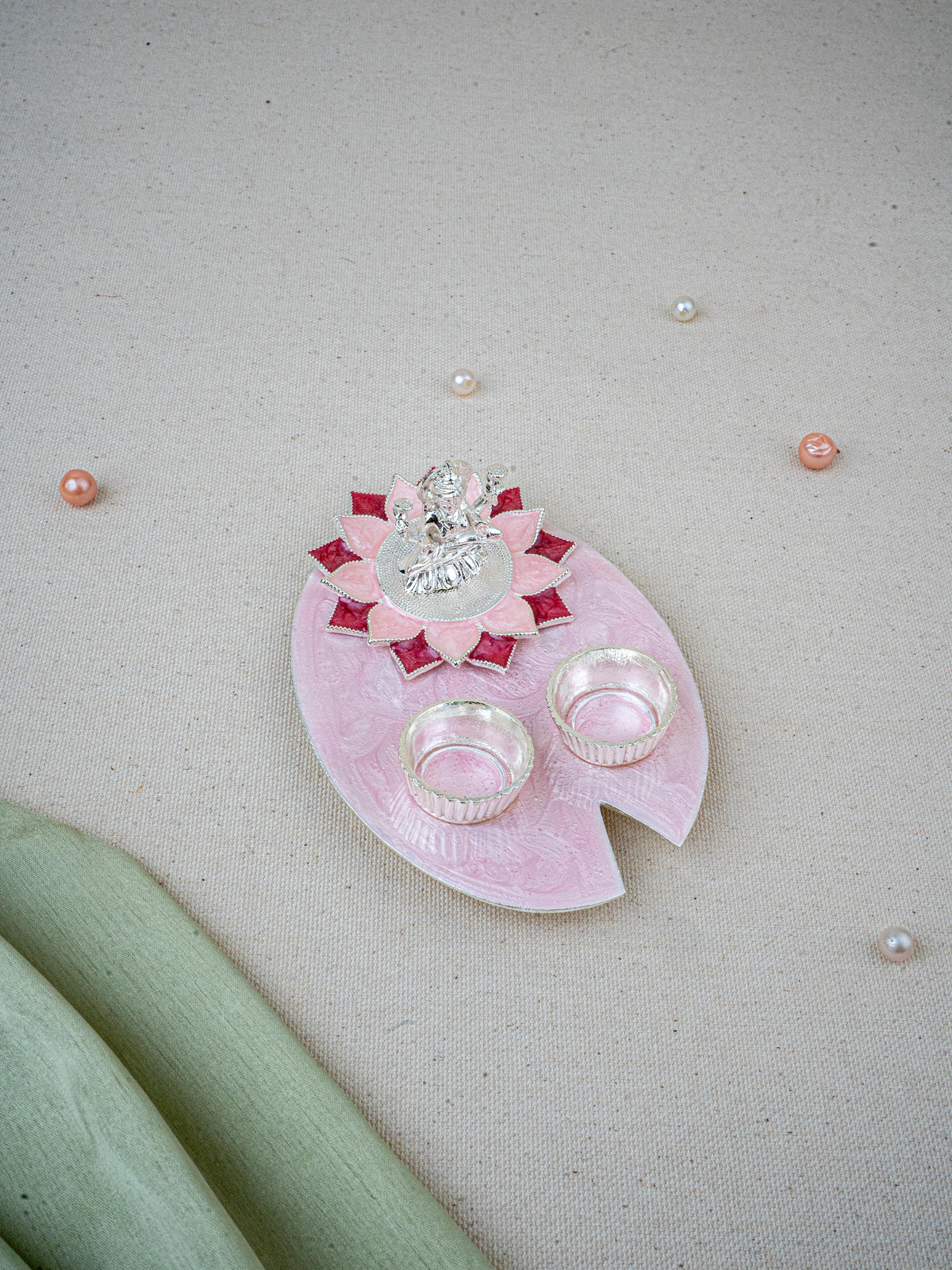 White Metal Lakshmi Manjal-Kumkum Holder - Pink - WL5500-2