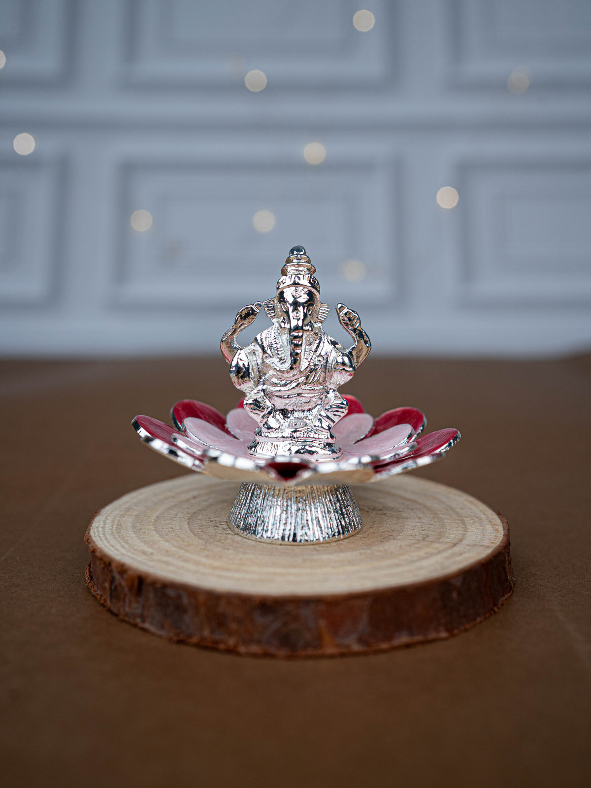 White Metal Lord Ganesha on Floral Base - Pink - WL5502-1