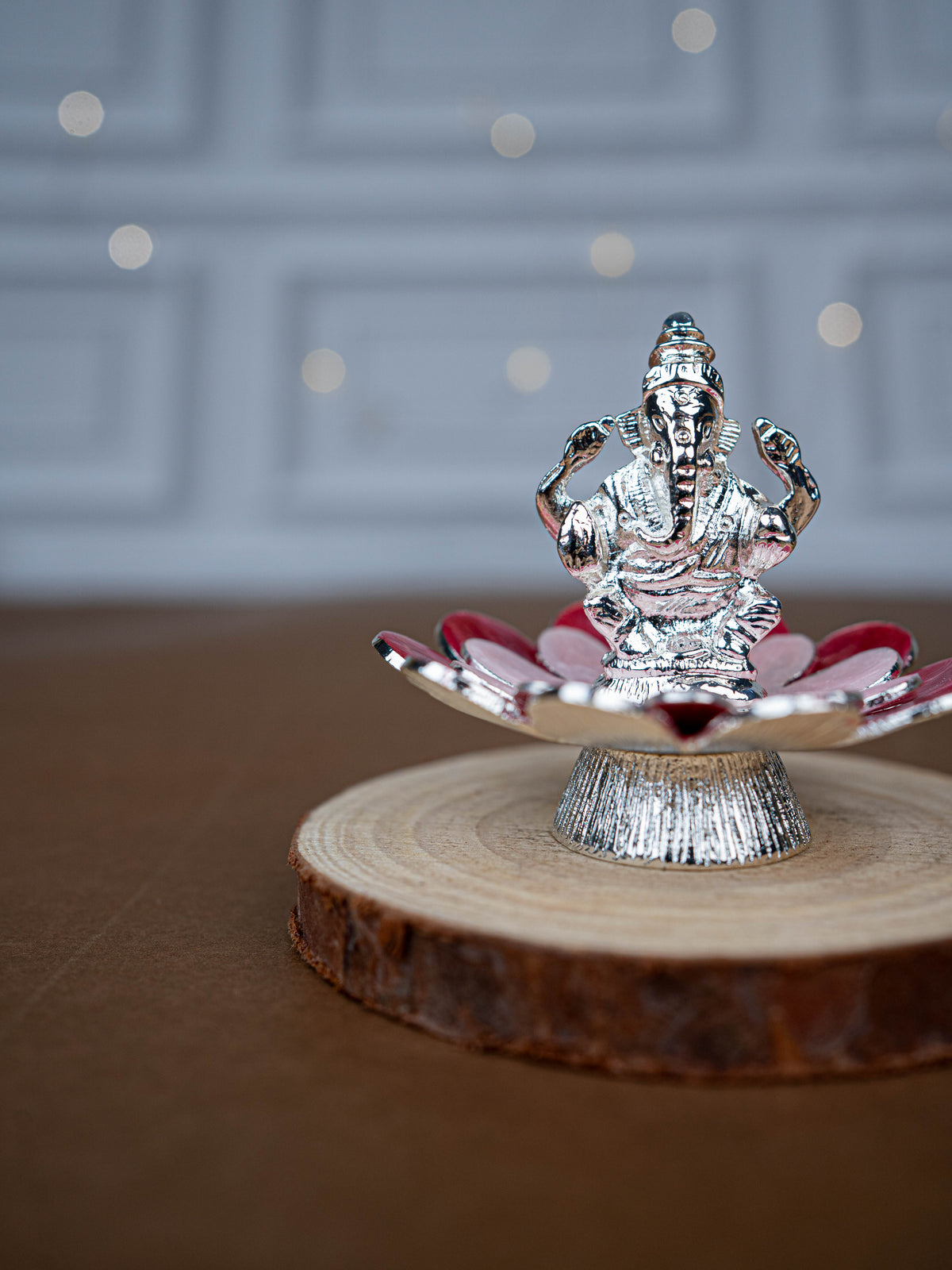 White Metal Lord Ganesha on Floral Base - Pink - WL5502-1