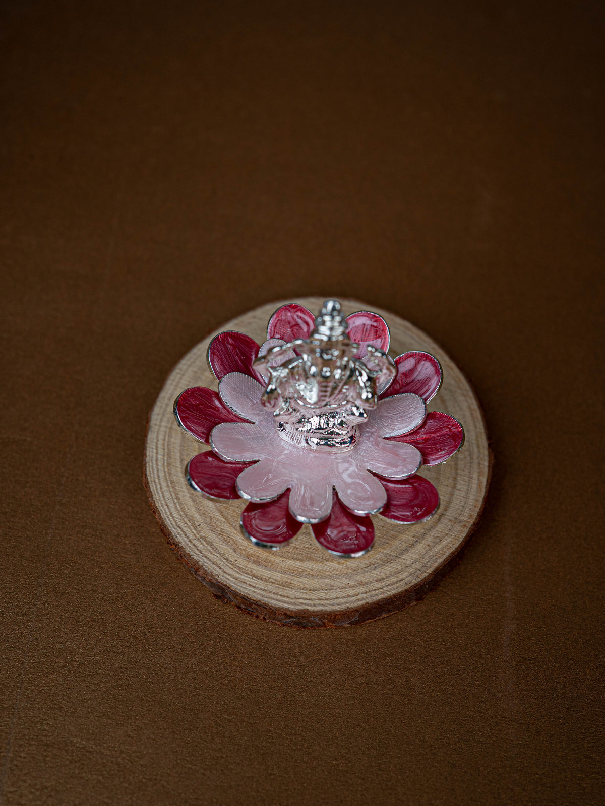 White Metal Lord Ganesha on Floral Base - Pink - WL5502-1