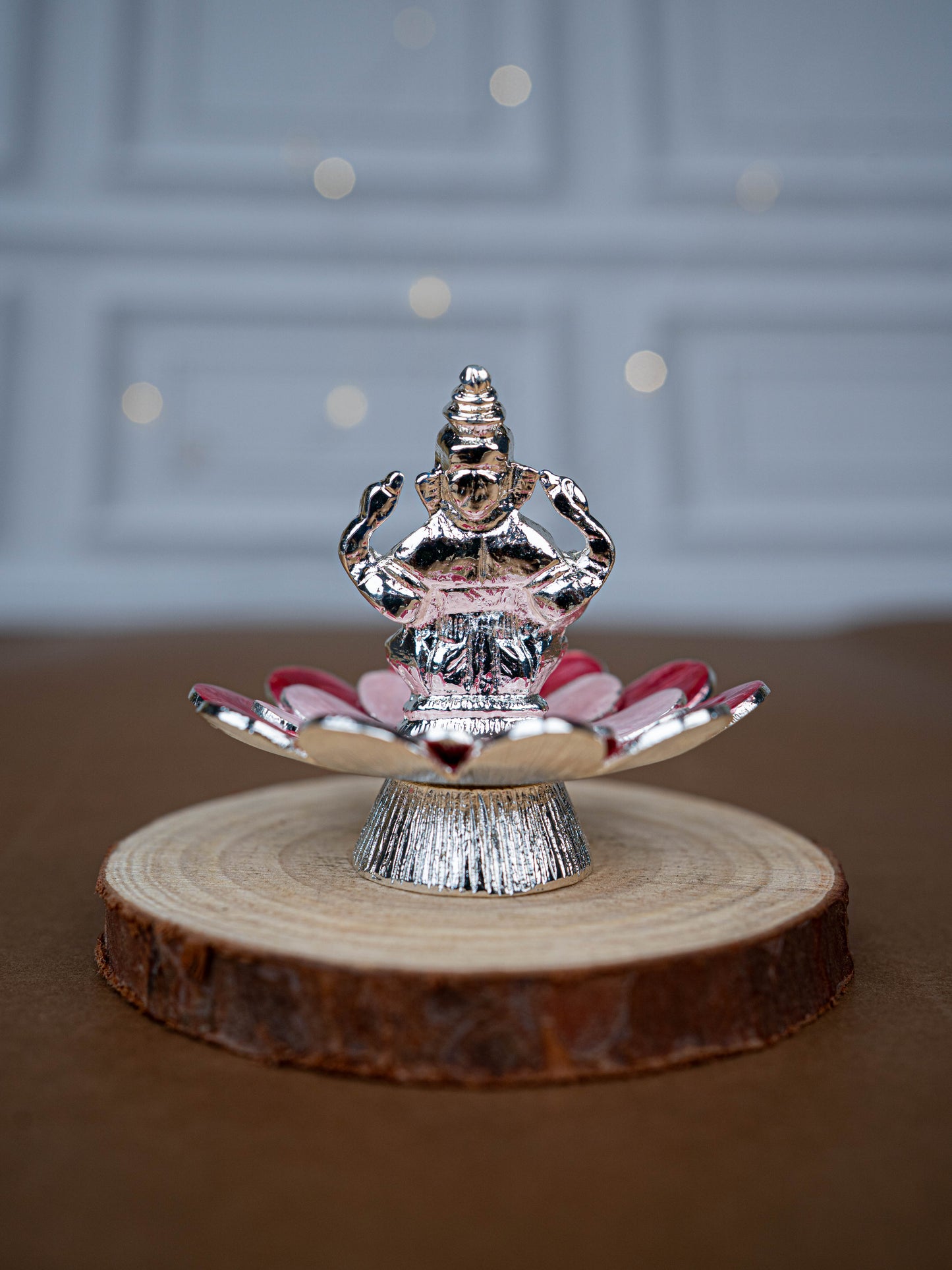 White Metal Lord Ganesha on Floral Base - Pink - WL5502-1