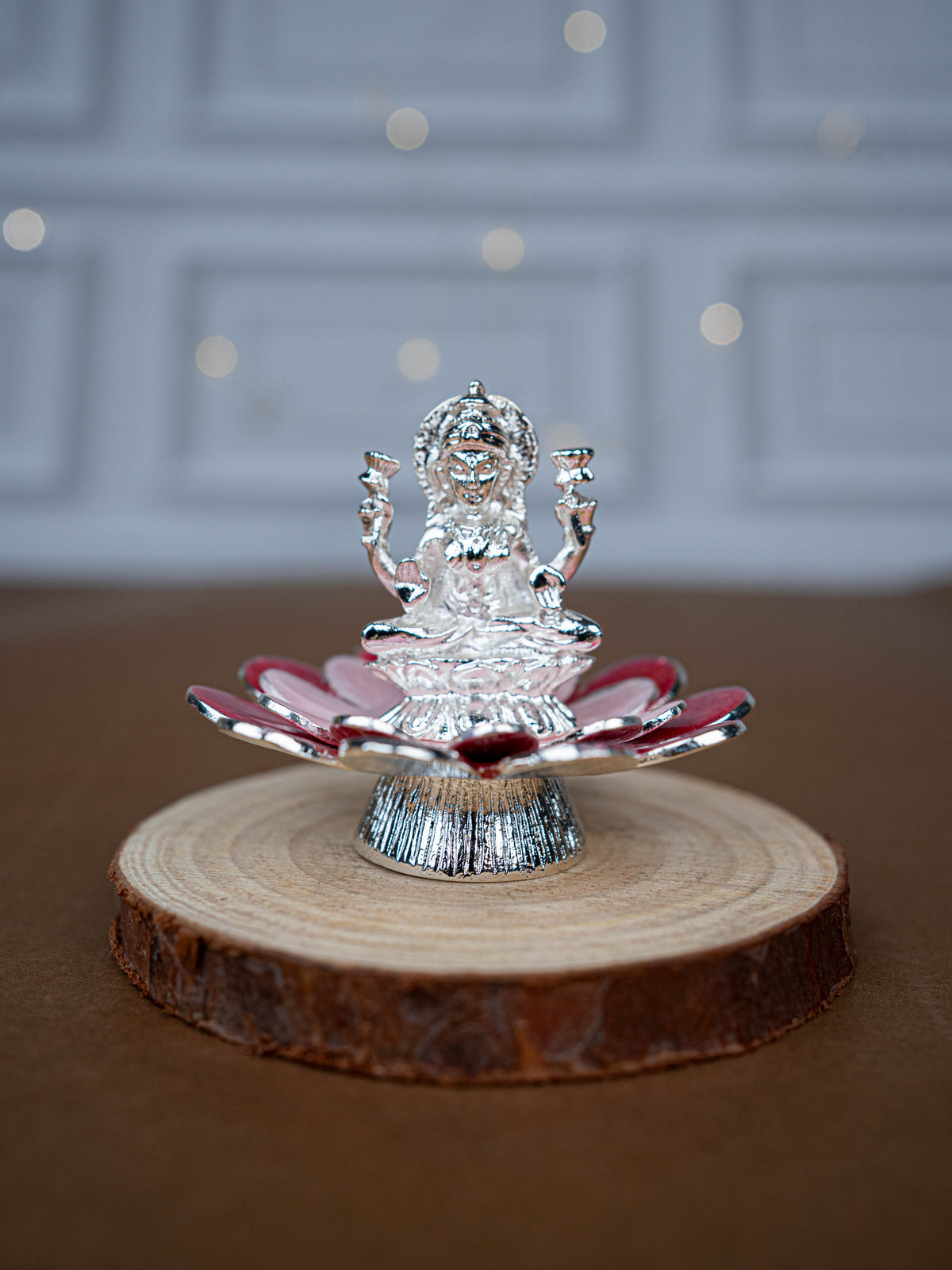 White Metal Lord Lakshmi on Floral Base - Pink - WL5502-2