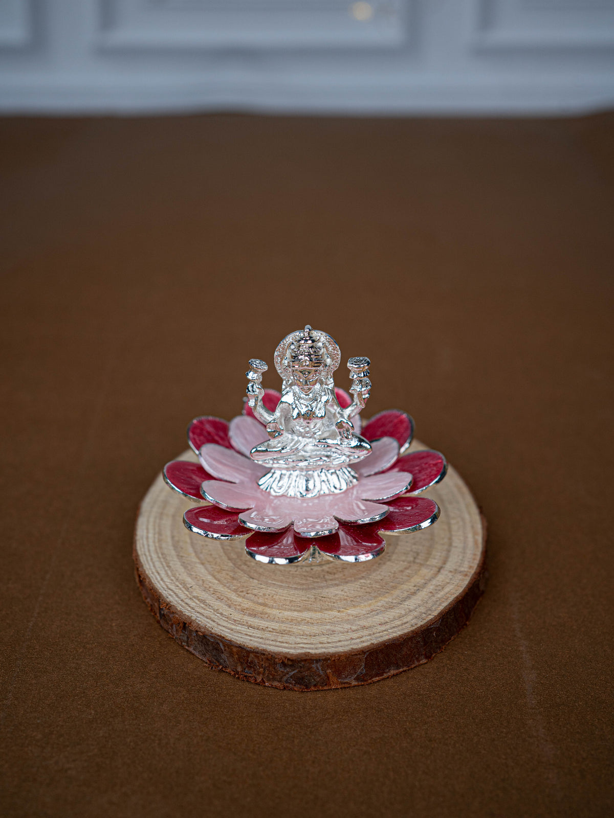 White Metal Lord Lakshmi on Floral Base - Pink - WL5502-2
