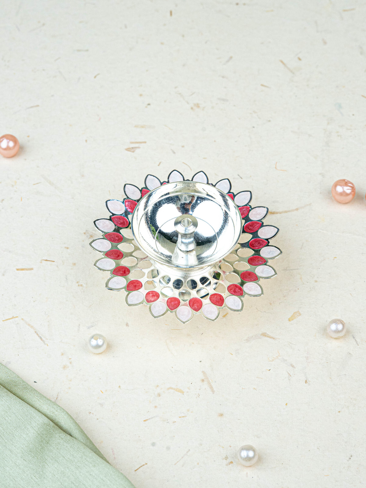 White Metal Designer Diya - Pink - WL5535-1