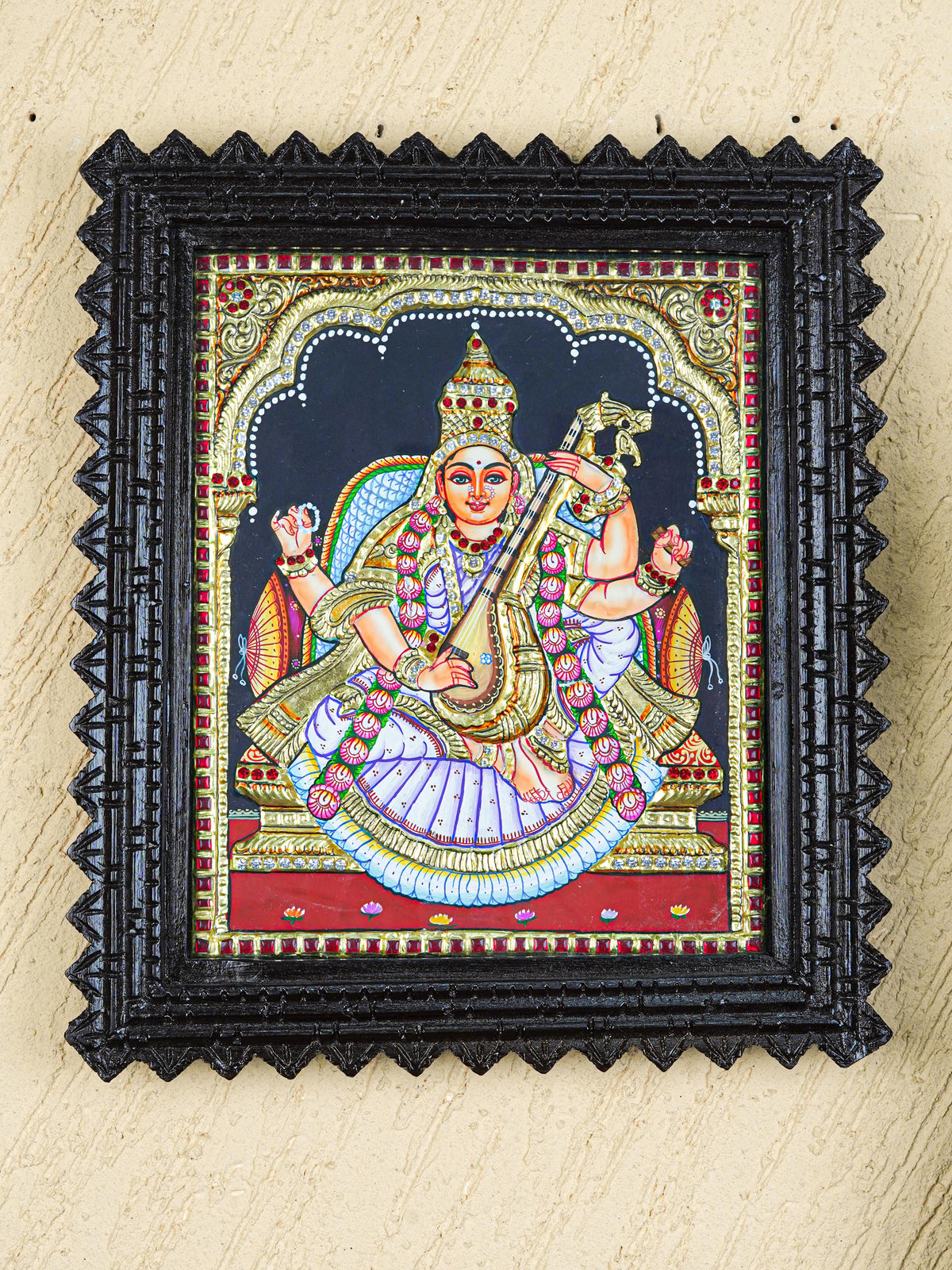 Tanjore Painting (Chettinad Frame) - Saraswathi - Semi Embossed - 12x10 inch - WL5576