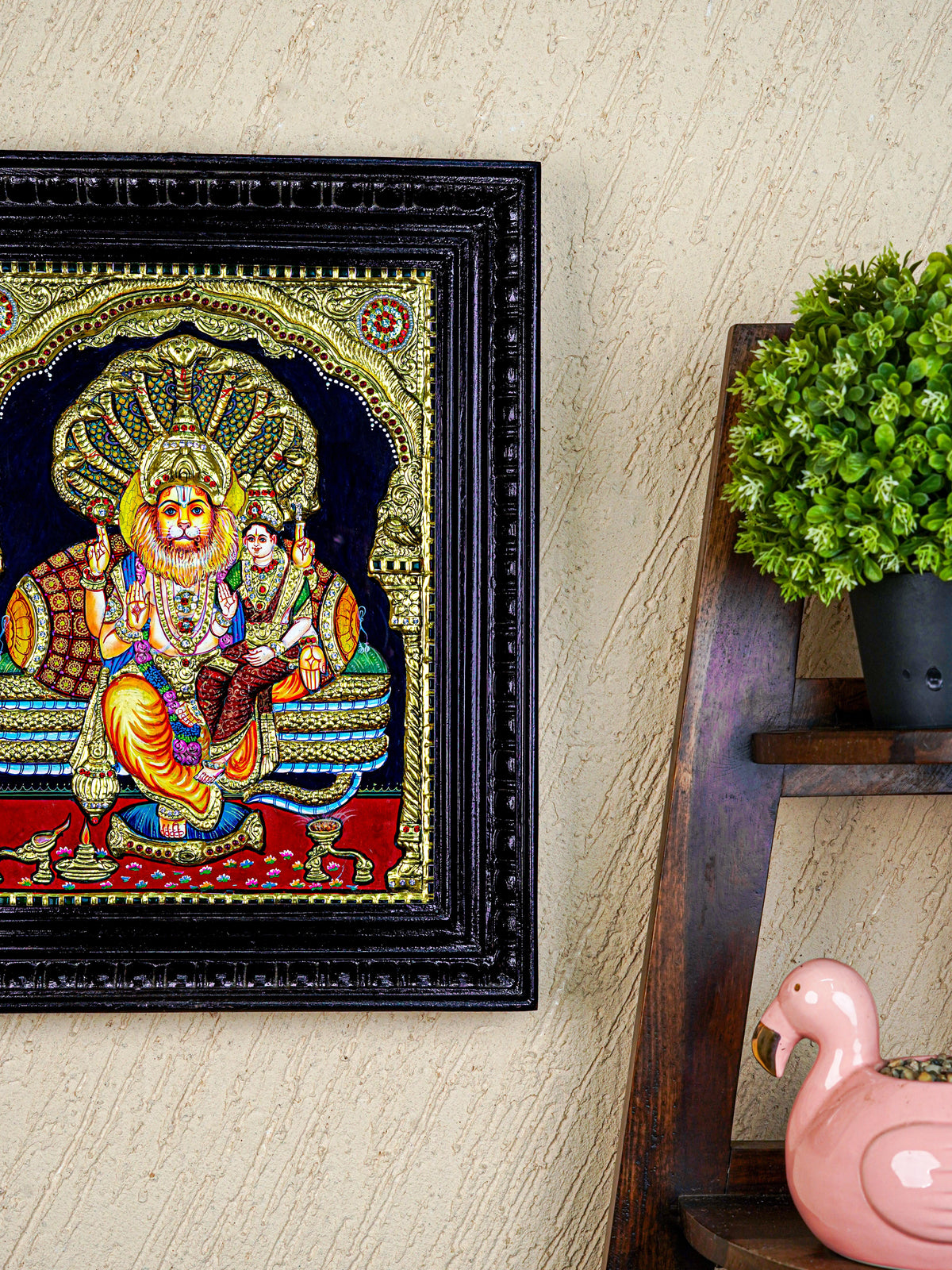 Tanjore Painting - Lakshmi Narasimhar - Semi Embossed - 15x12 inch - WL5577
