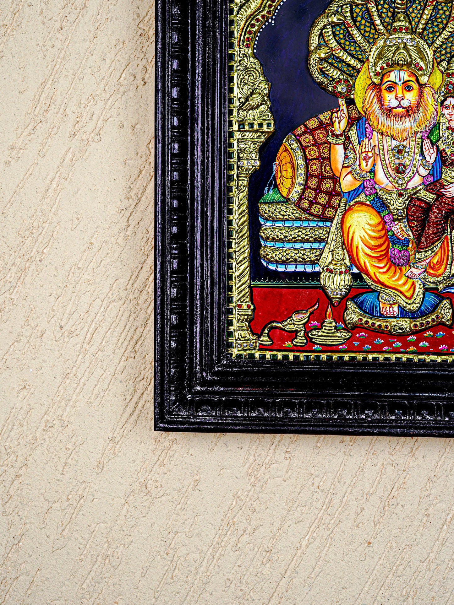 Tanjore Painting - Lakshmi Narasimhar - Semi Embossed - 15x12 inch - WL5577